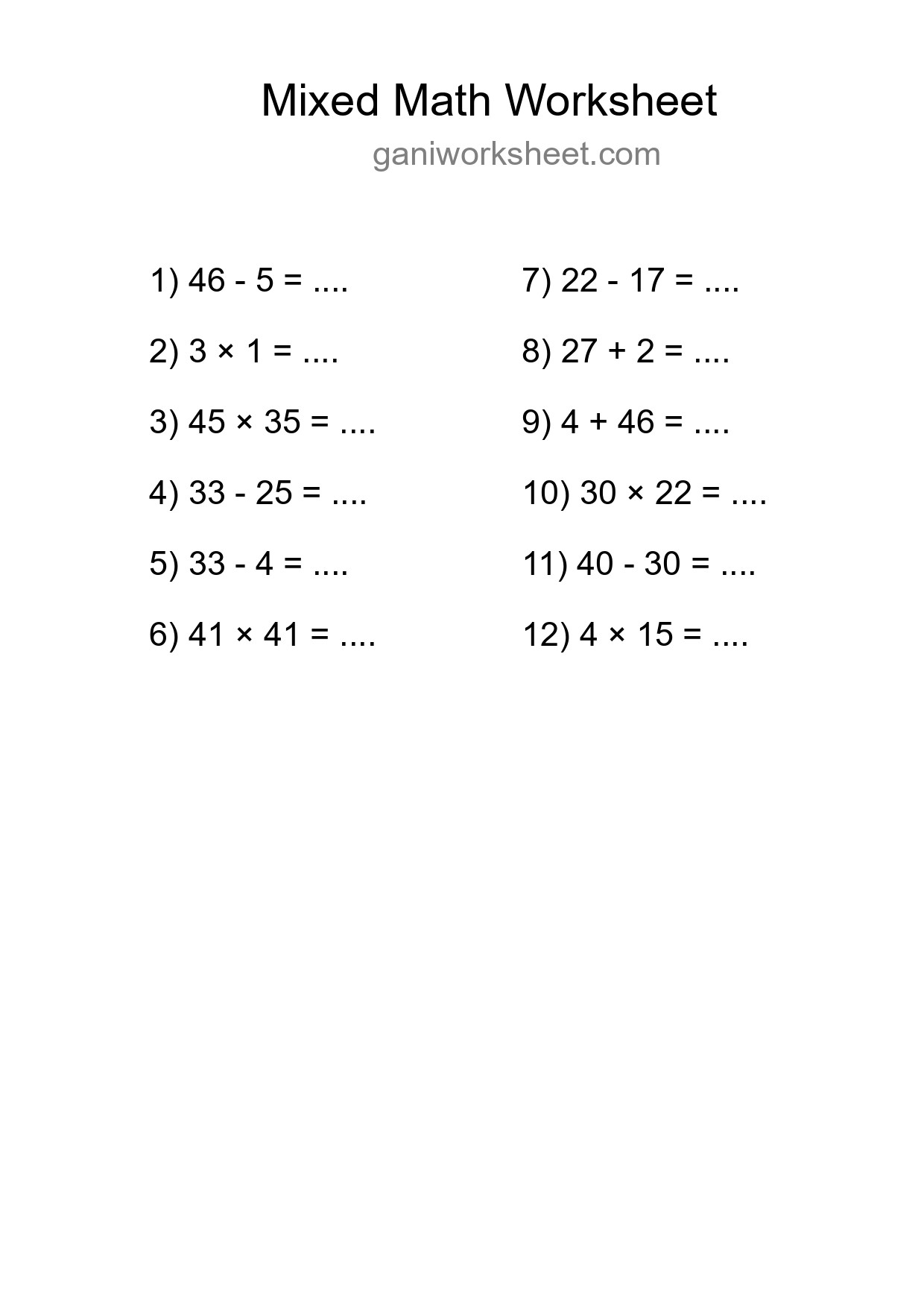 Printable Mixed Operations Worksheet for Grade 3