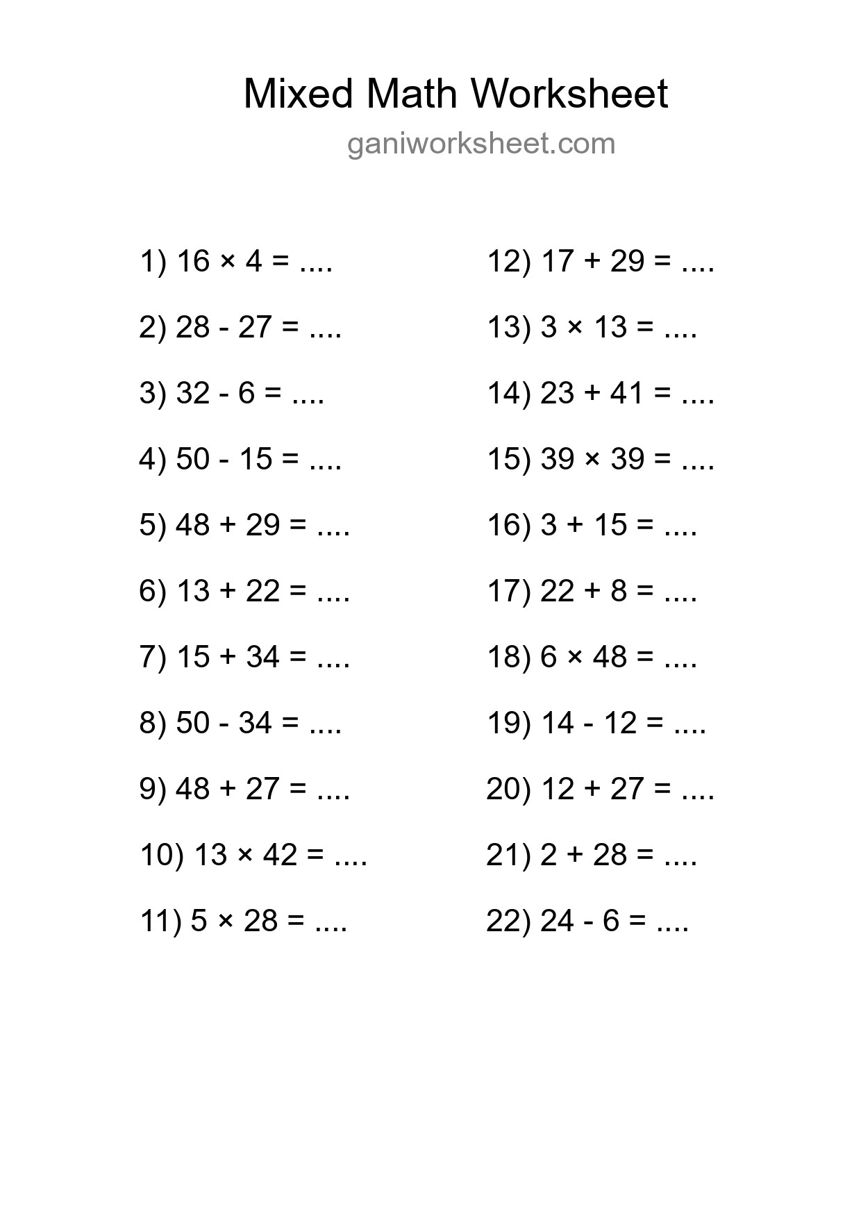 Printable Mixed Operations Worksheet for Grade 3
