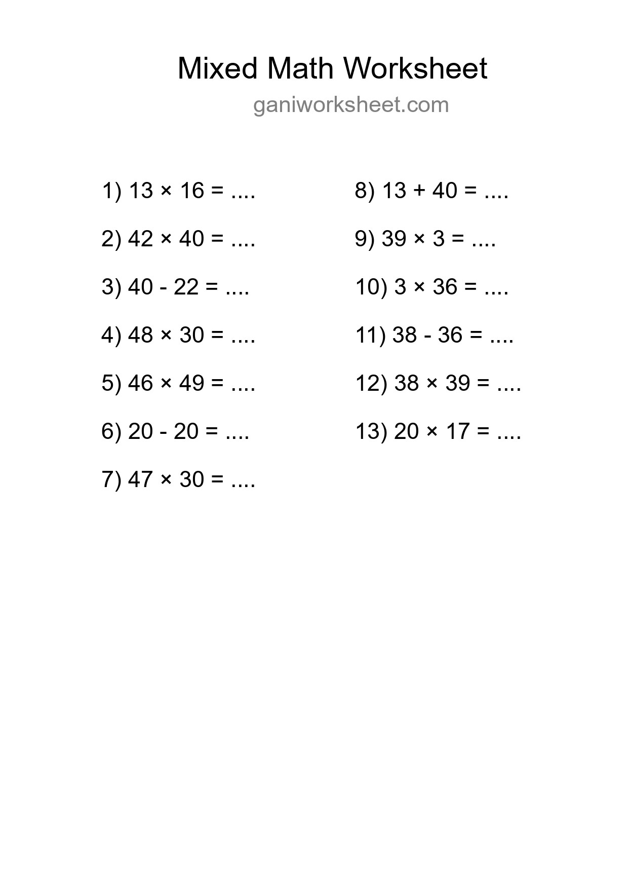 Mixed Operations Math Worksheet