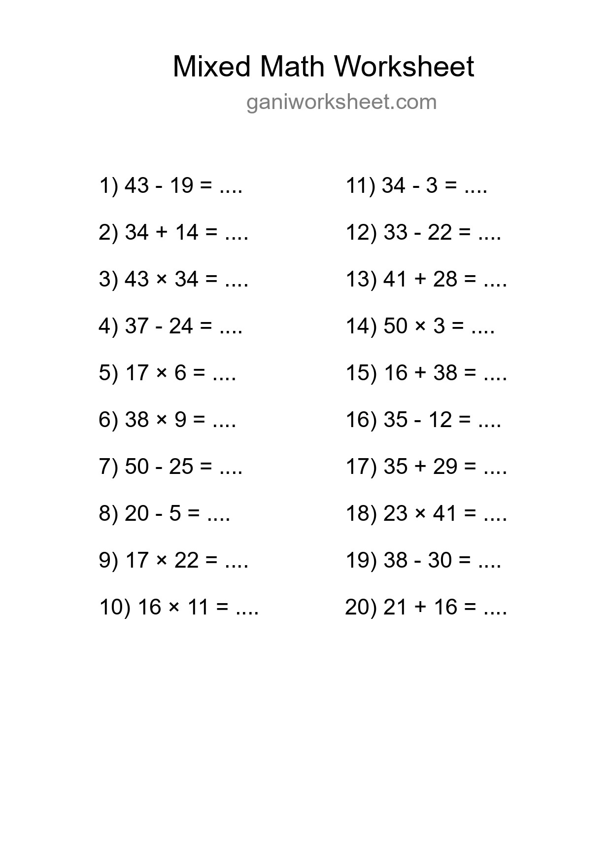 Printable Mixed Operations Worksheet for Grade 3