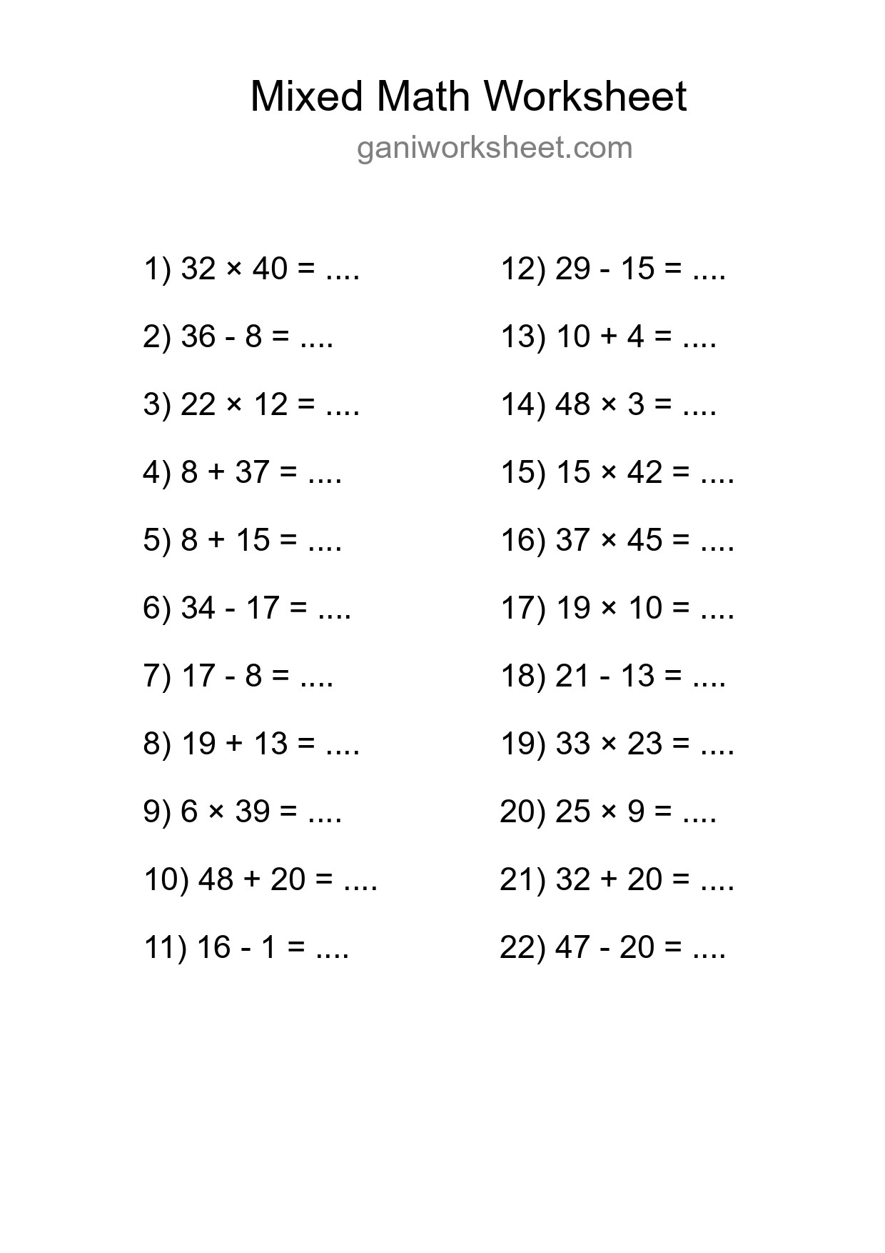 Printable Mixed Operations Worksheet for Grade 3