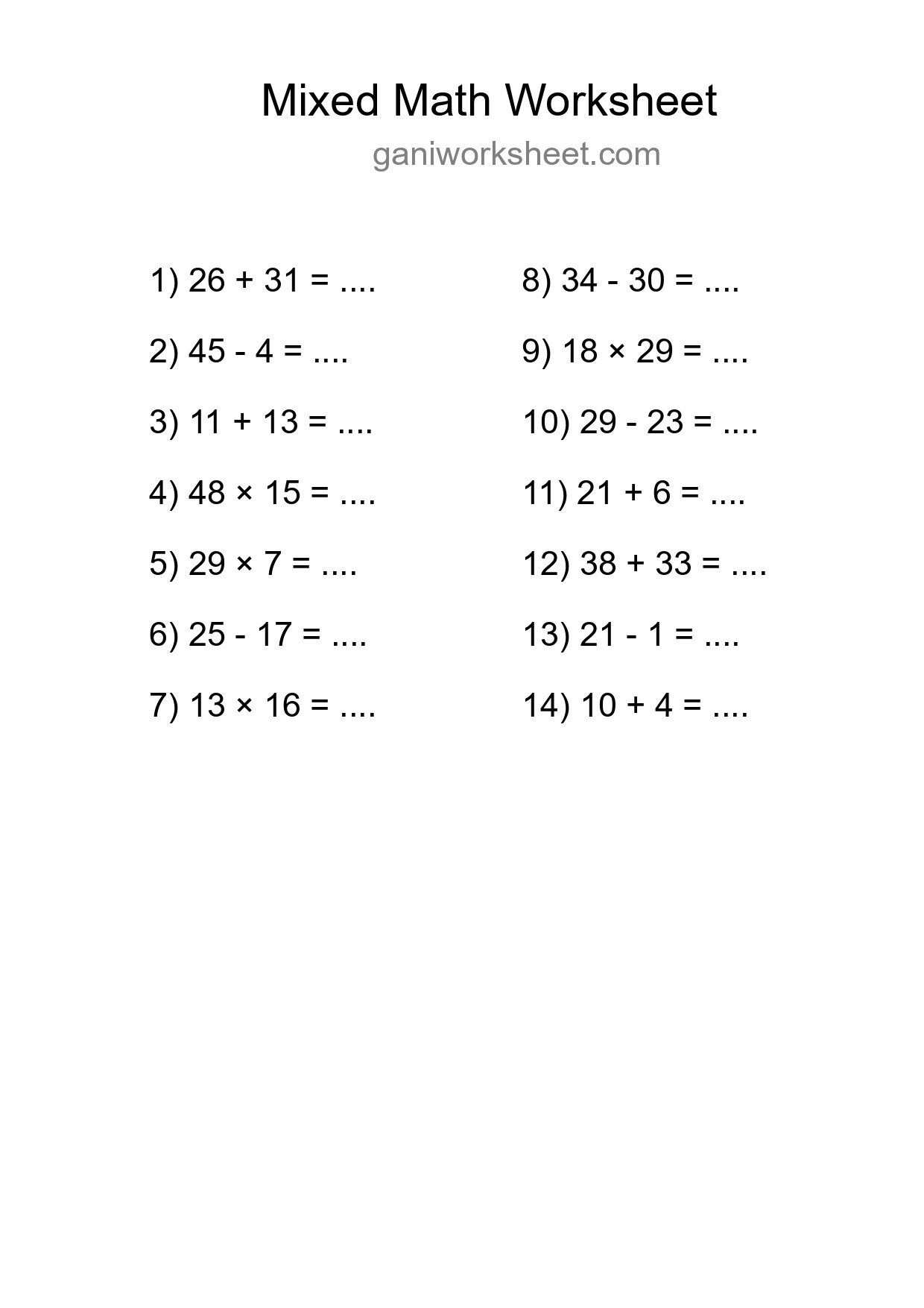 Mixed Operations Math Worksheet