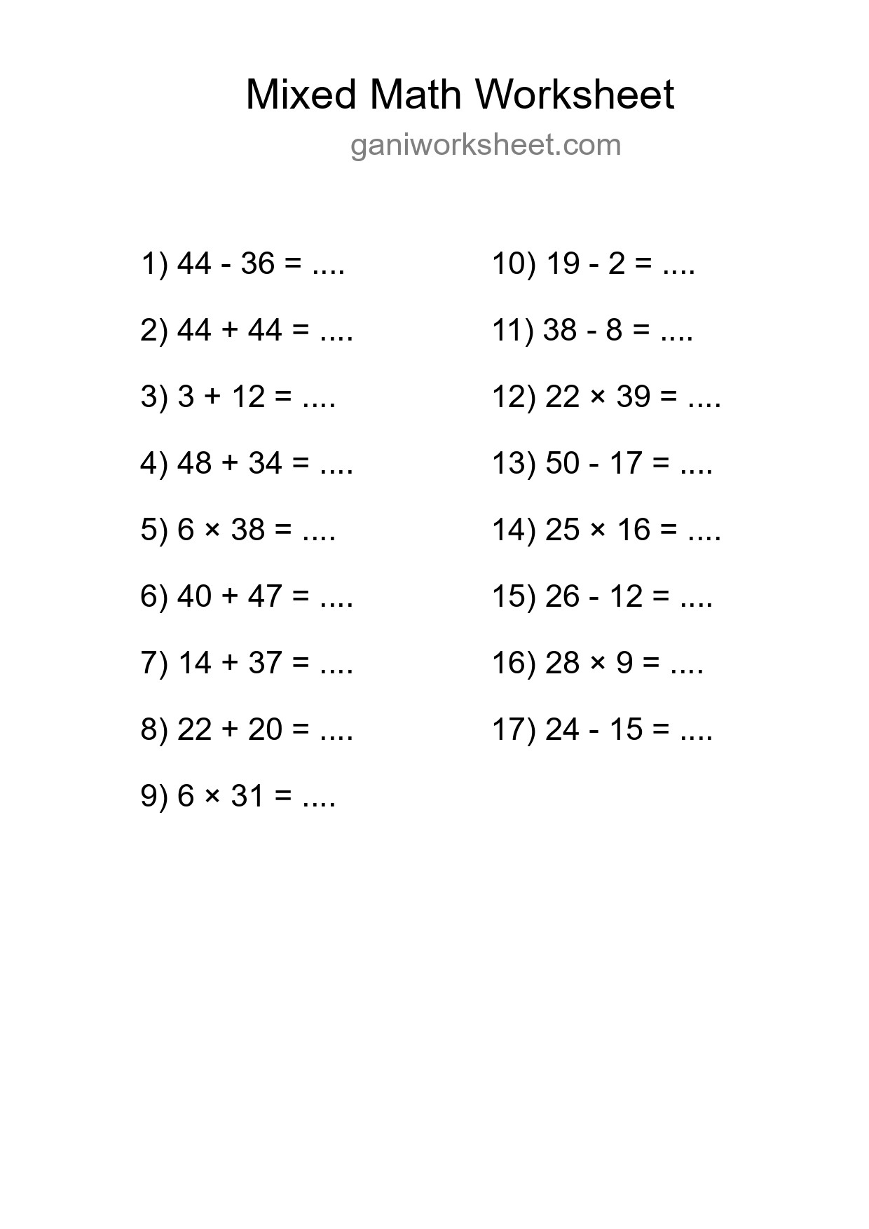 Mixed Operations Math Worksheet
