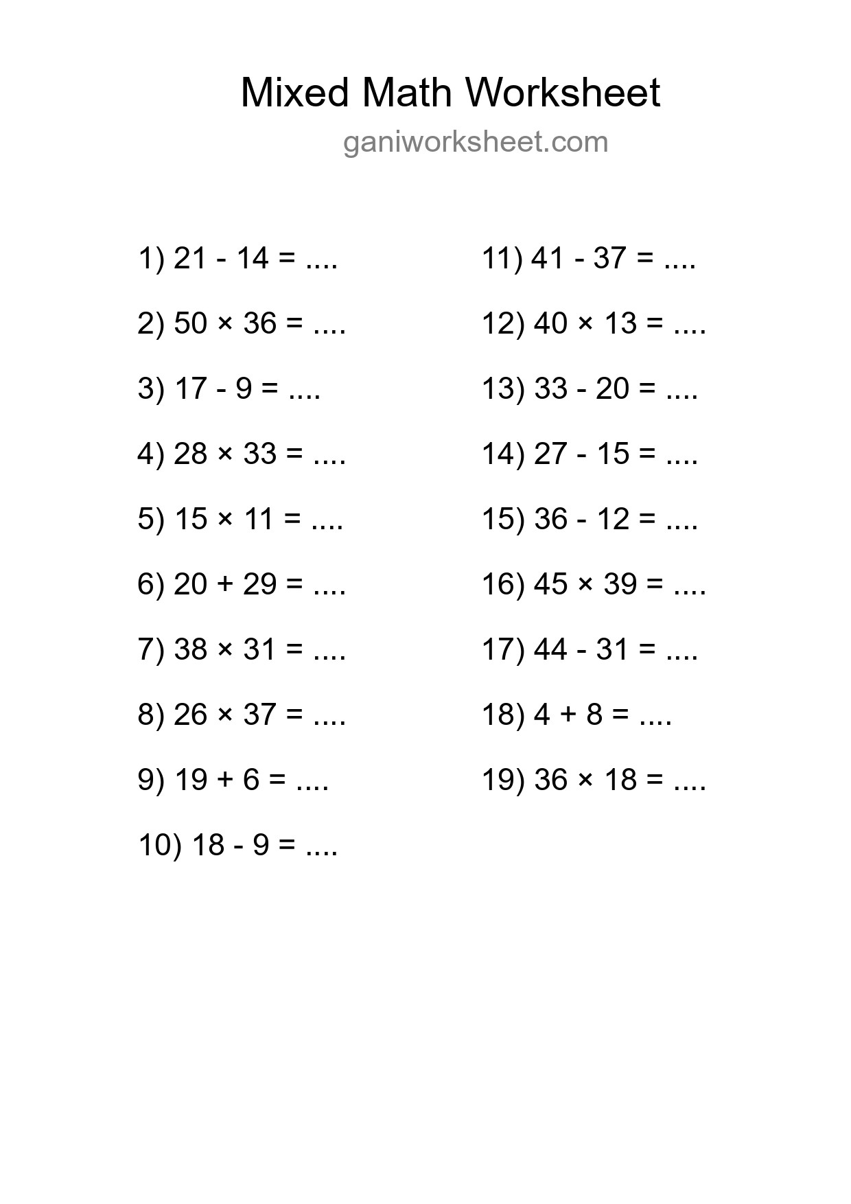 Printable Mixed Operations Worksheet for Grade 3