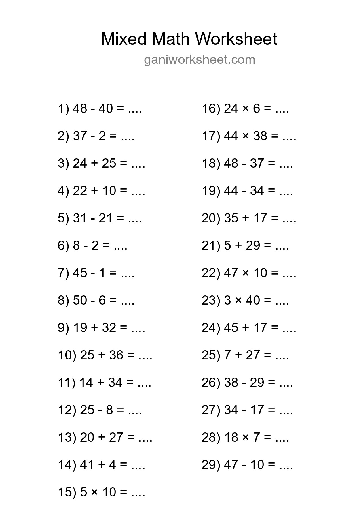 Printable Mixed Operations Worksheet for Grade 3