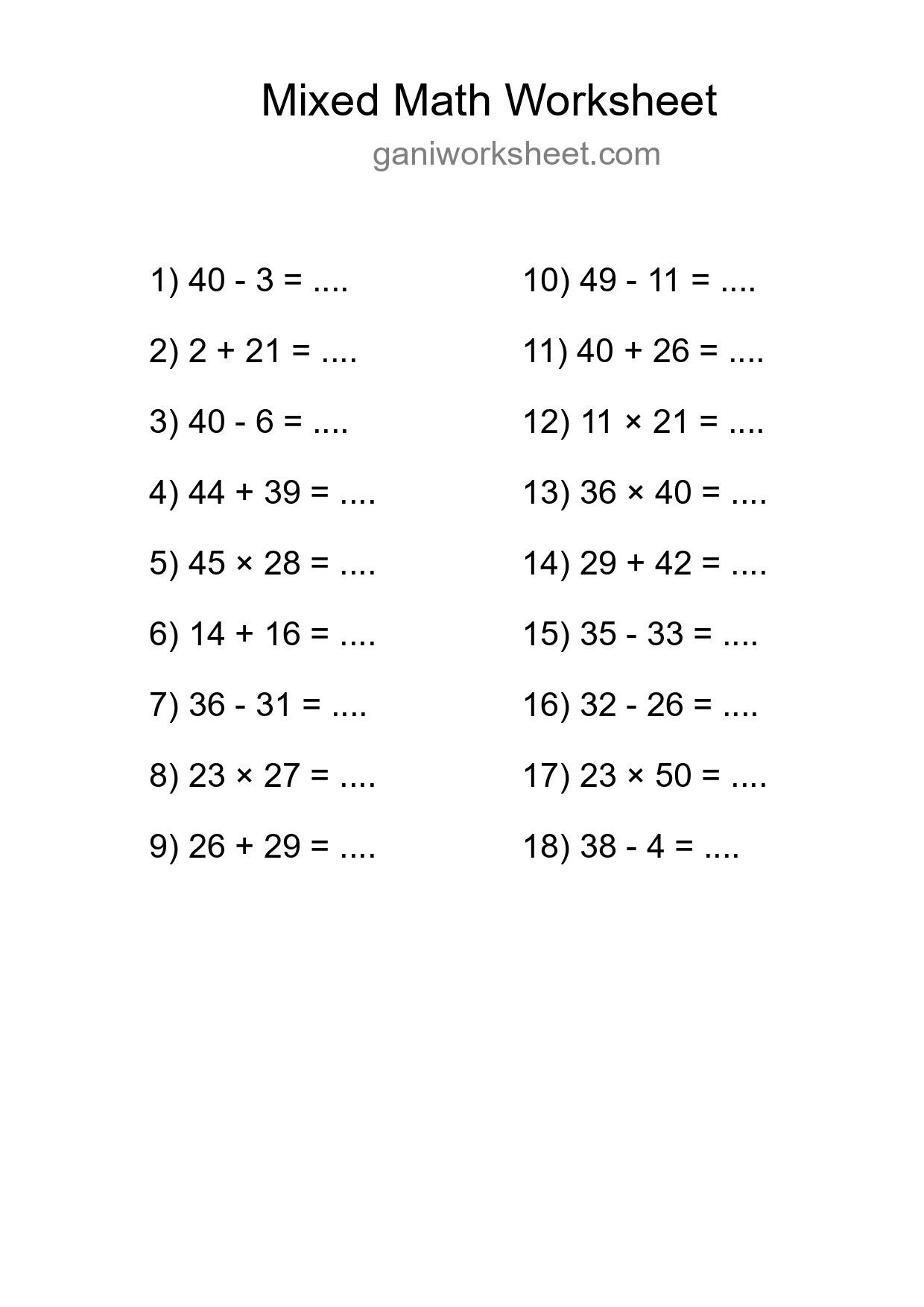 Mixed Operations Math Worksheet