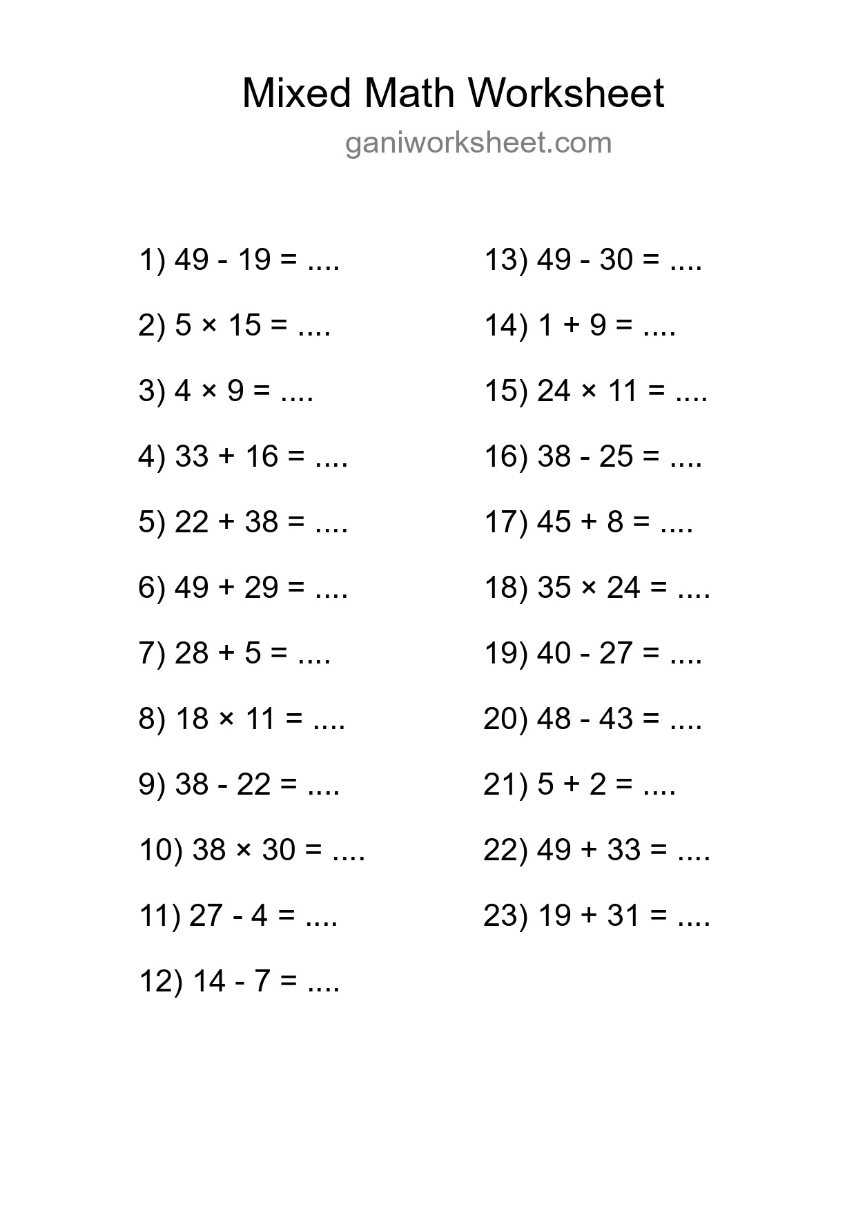 Printable Mixed Operations Worksheet for Grade 3