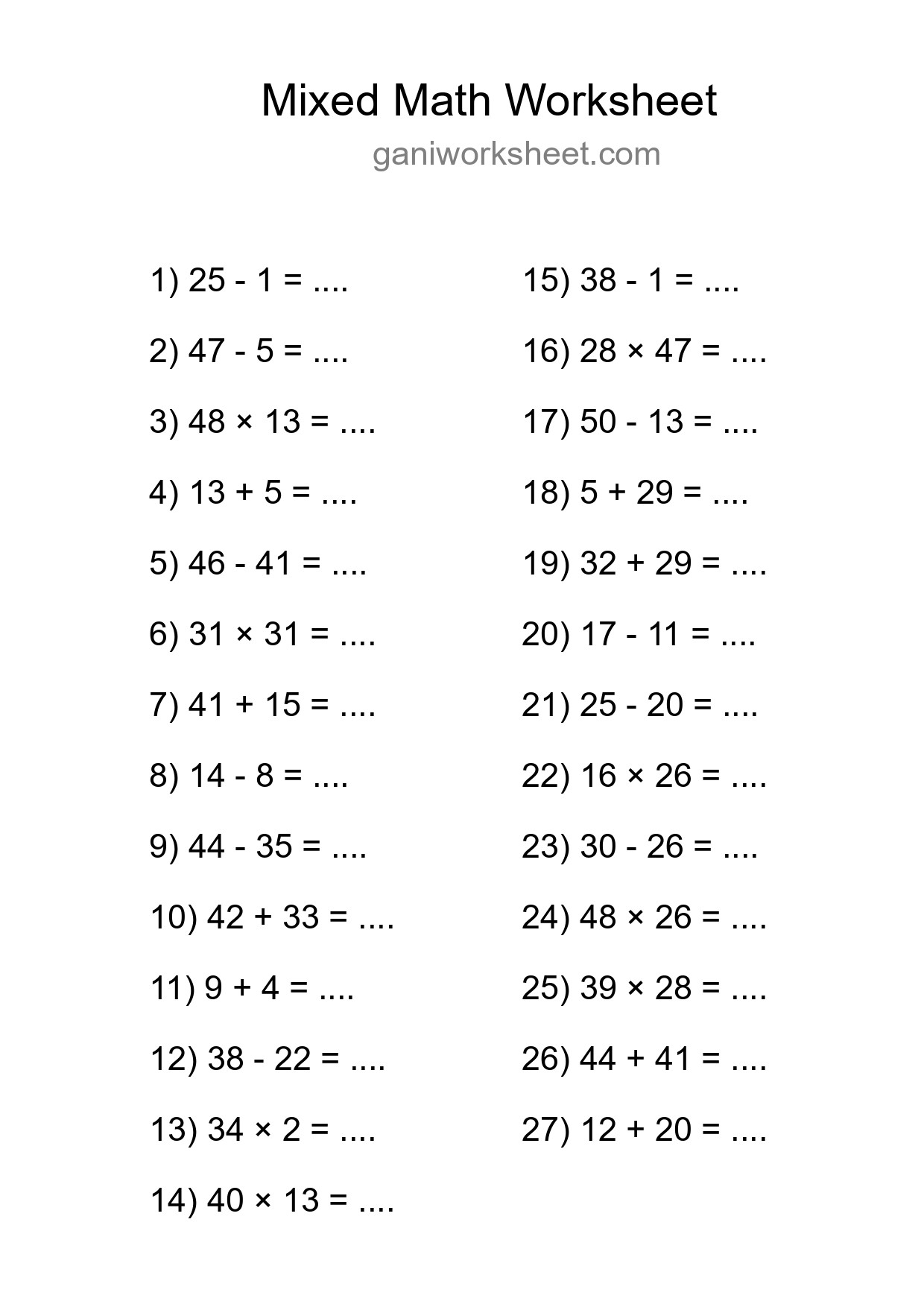 Mixed Operations Math Worksheet