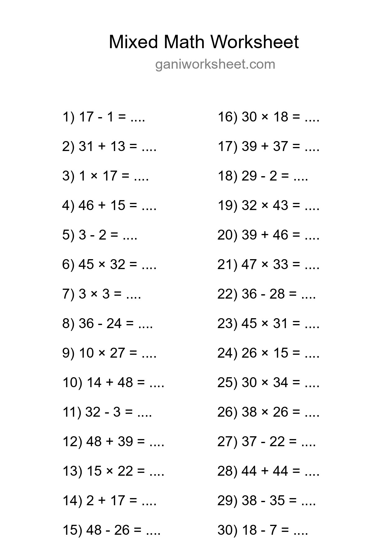 Mixed Operations Math Worksheet