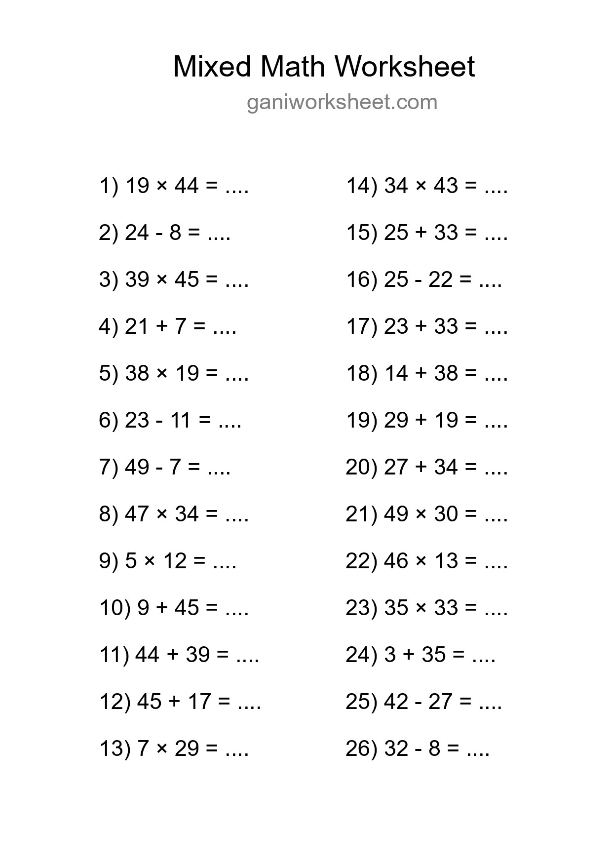 Printable Mixed Operations Worksheet for Grade 3