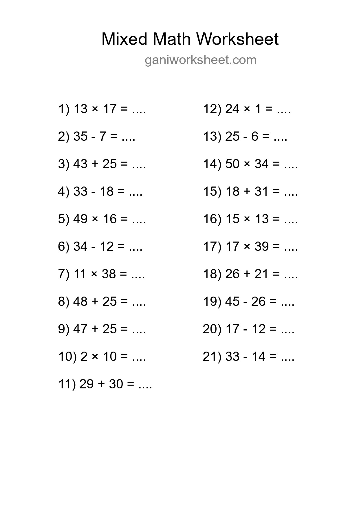 Printable Mixed Operations Worksheet for Grade 3