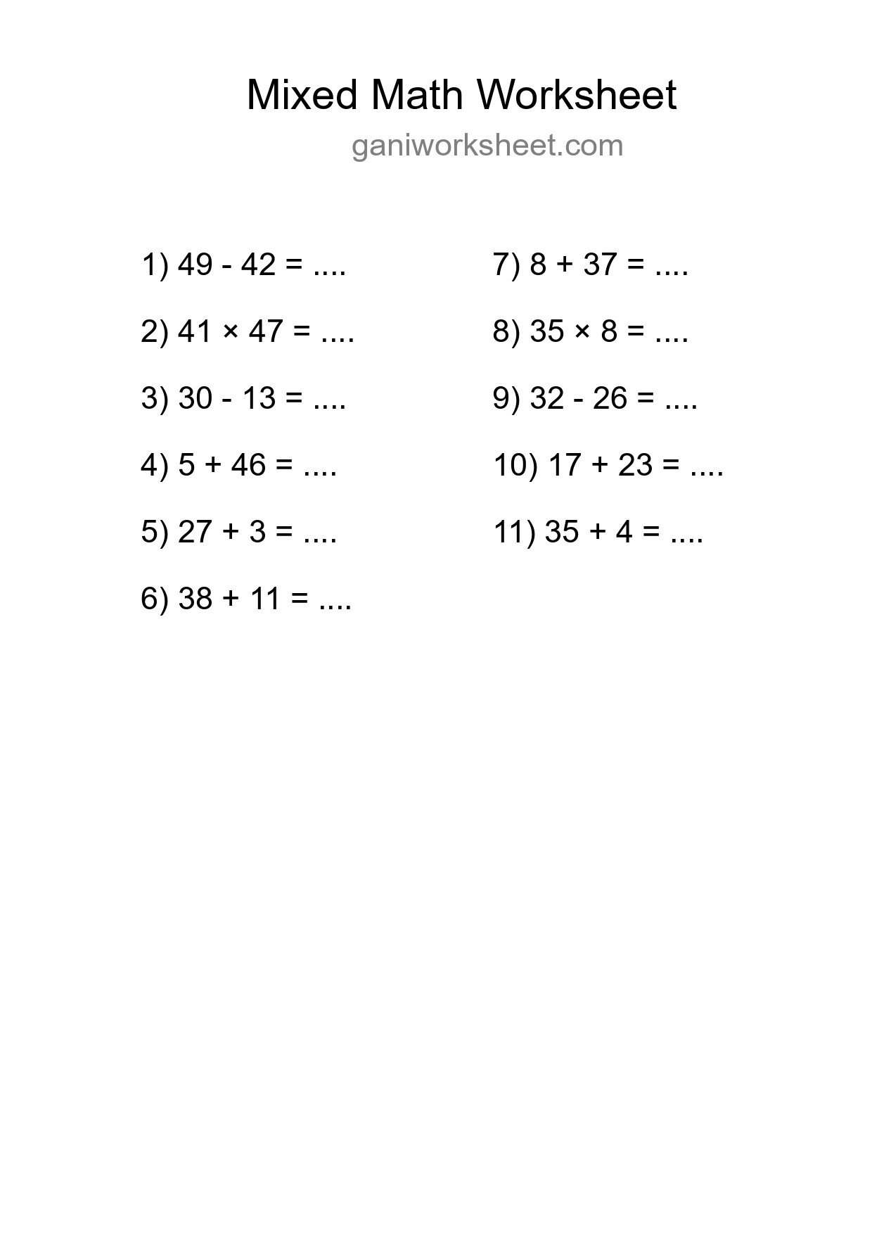 Printable Mixed Operations Worksheet for Grade 3