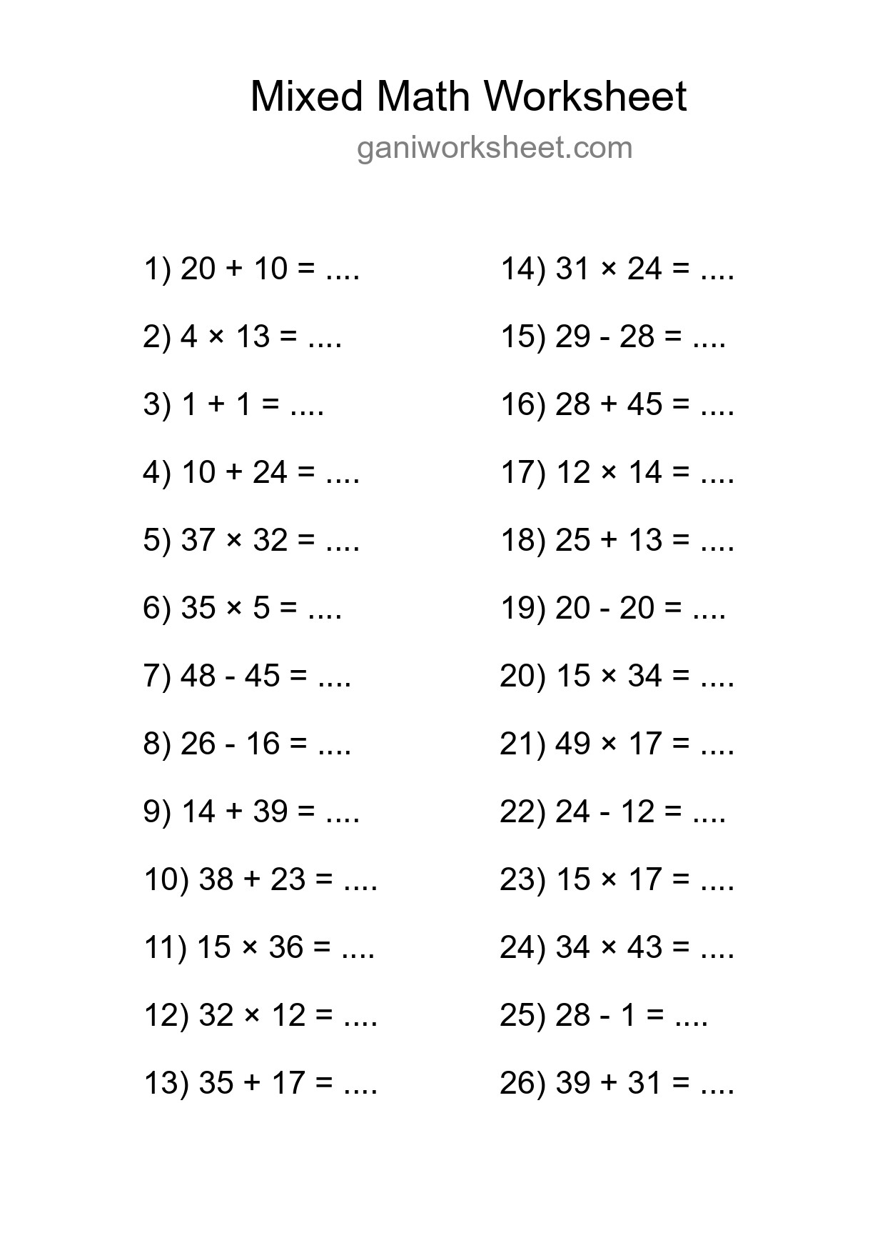 Printable Mixed Operations Worksheet for Grade 3