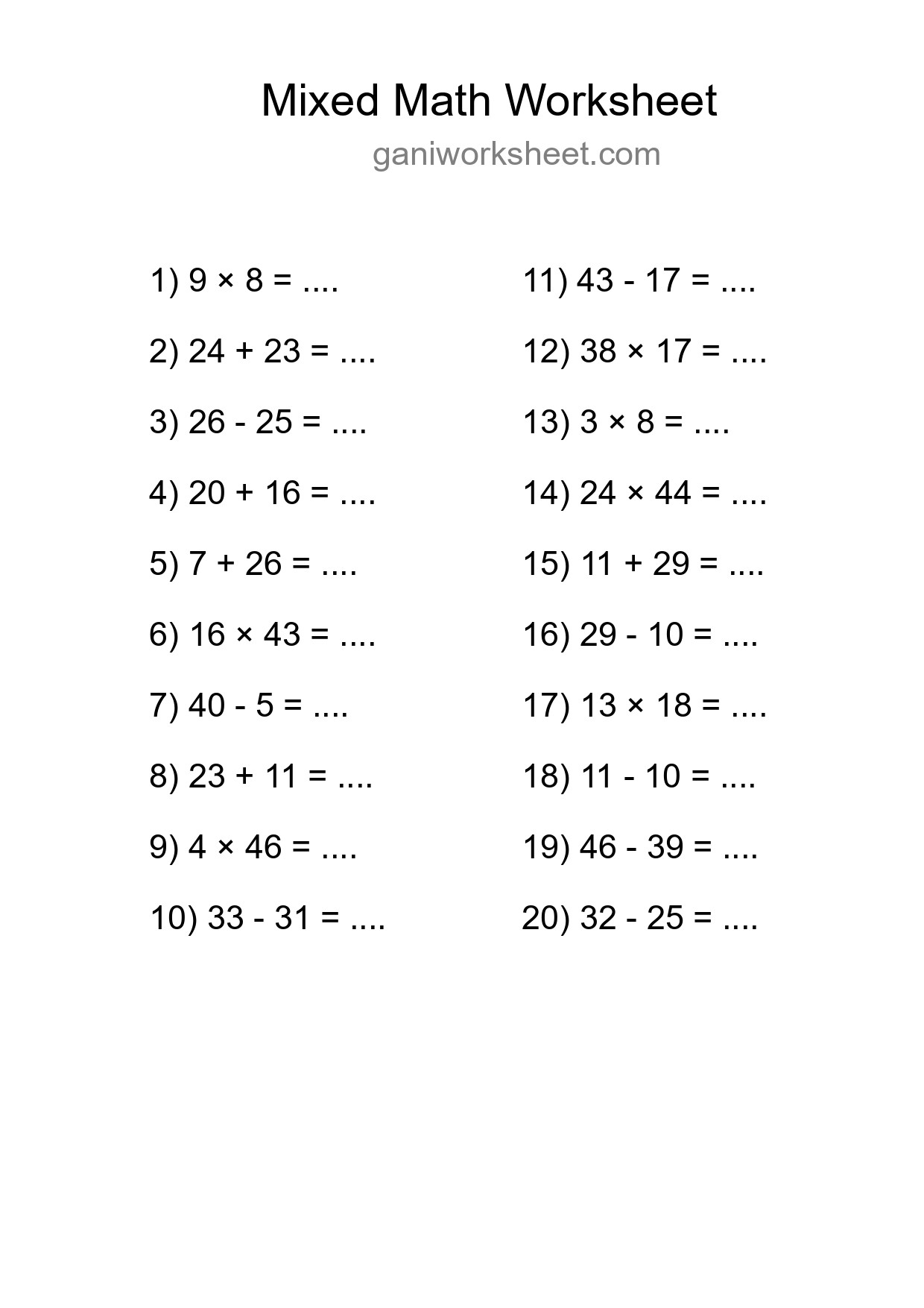 Printable Mixed Operations Worksheet for Grade 3