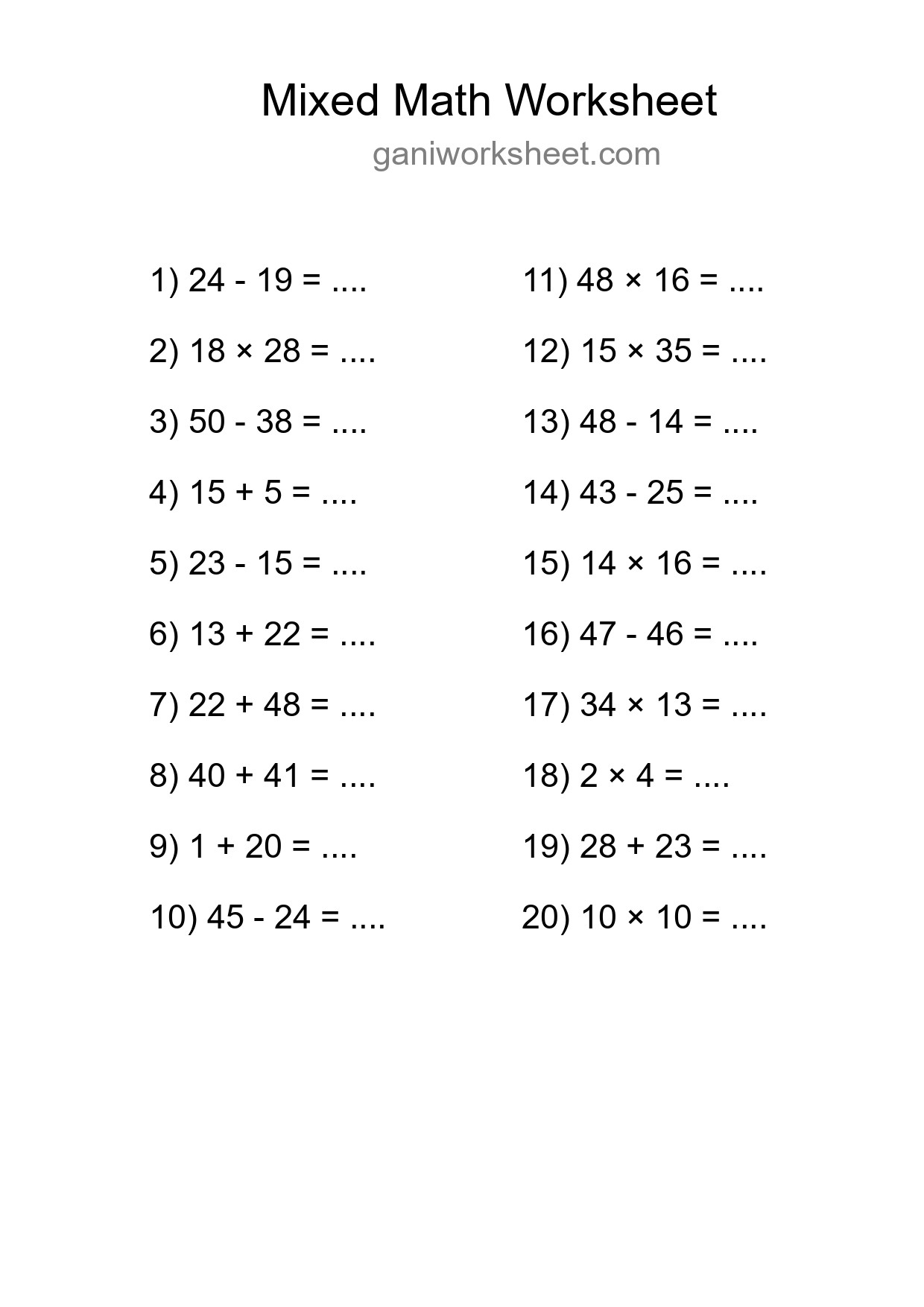 Mixed Operations Math Worksheet