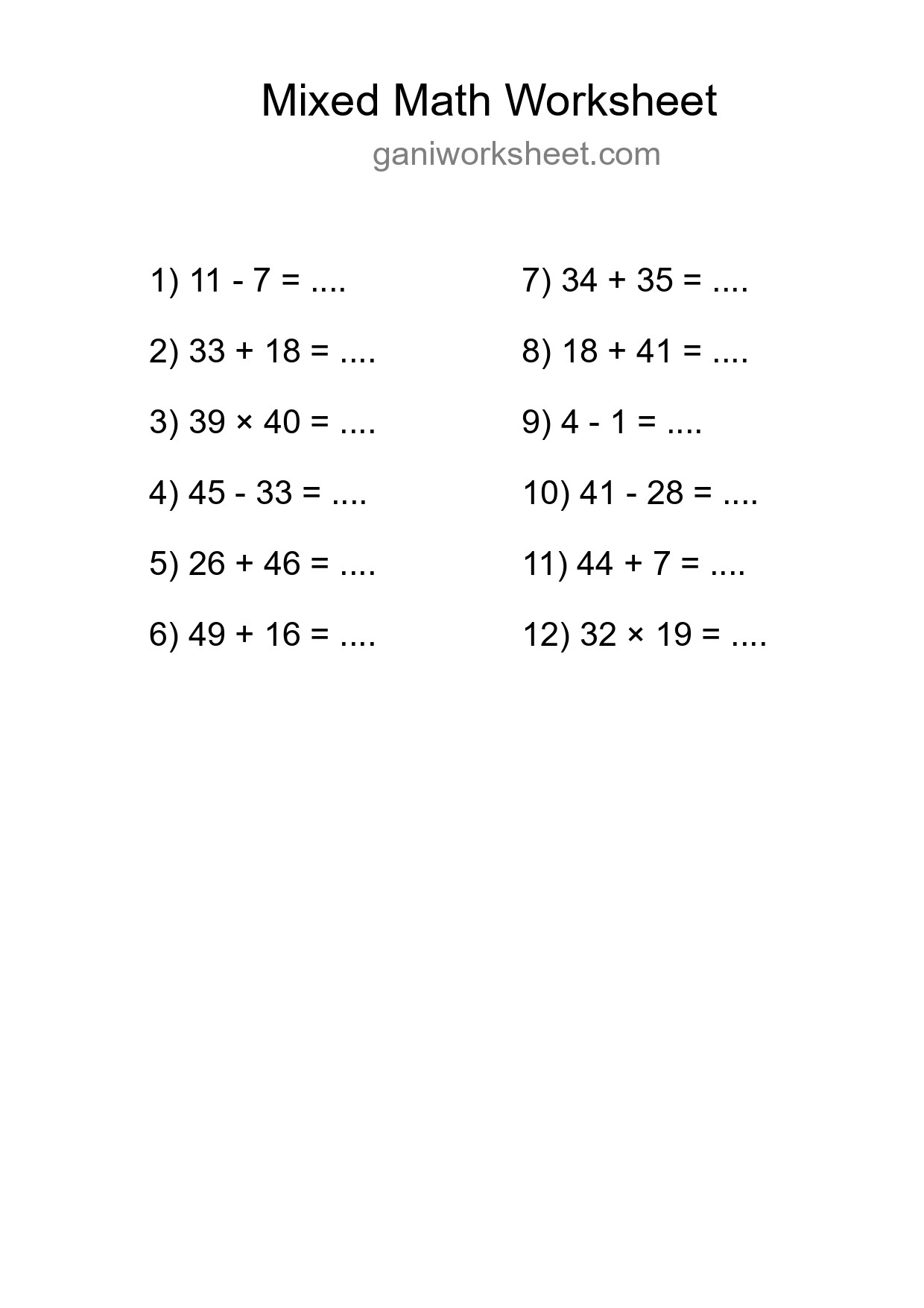 Printable Mixed Operations Worksheet for Grade 3