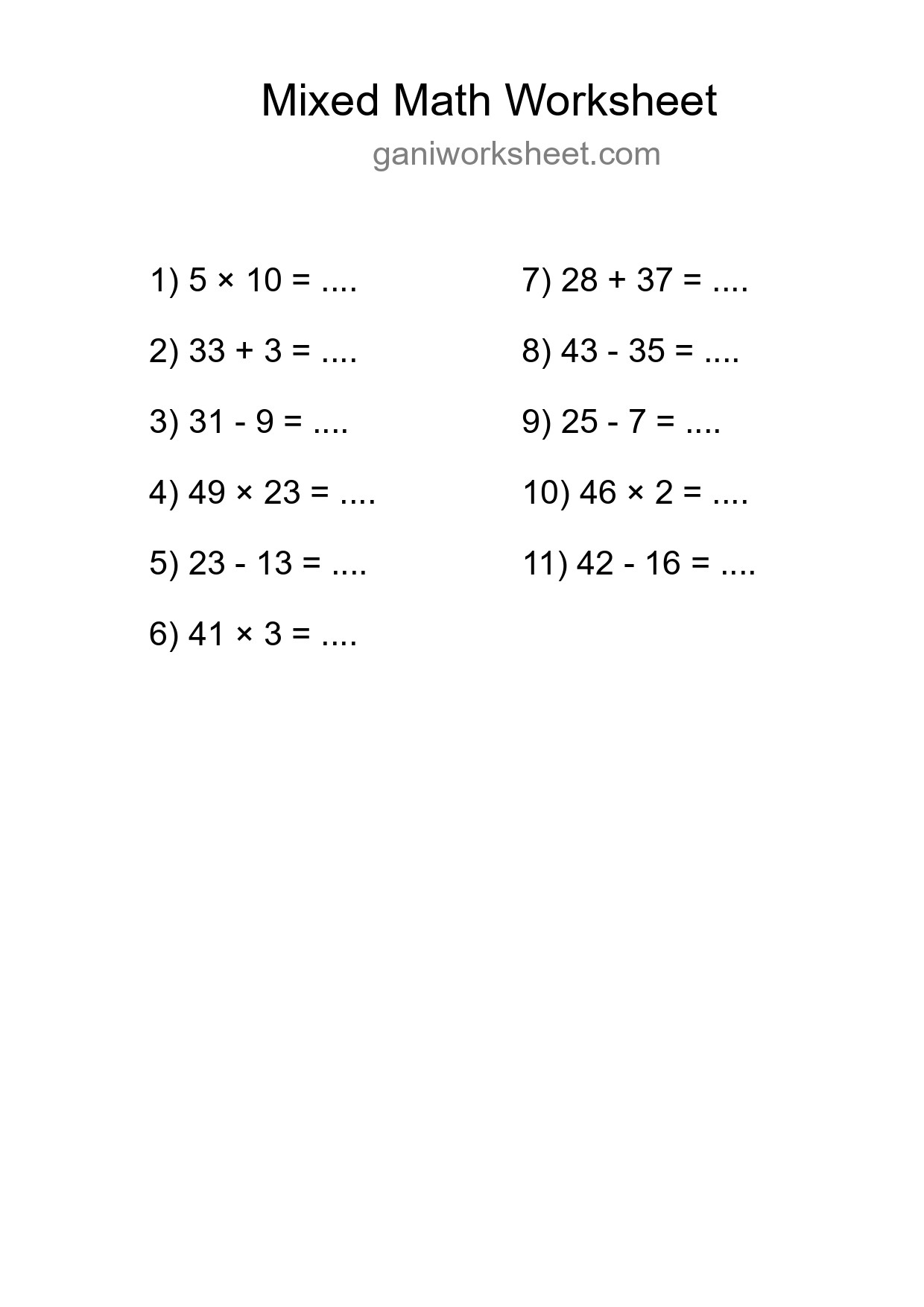 Printable Mixed Operations Worksheet for Grade 3