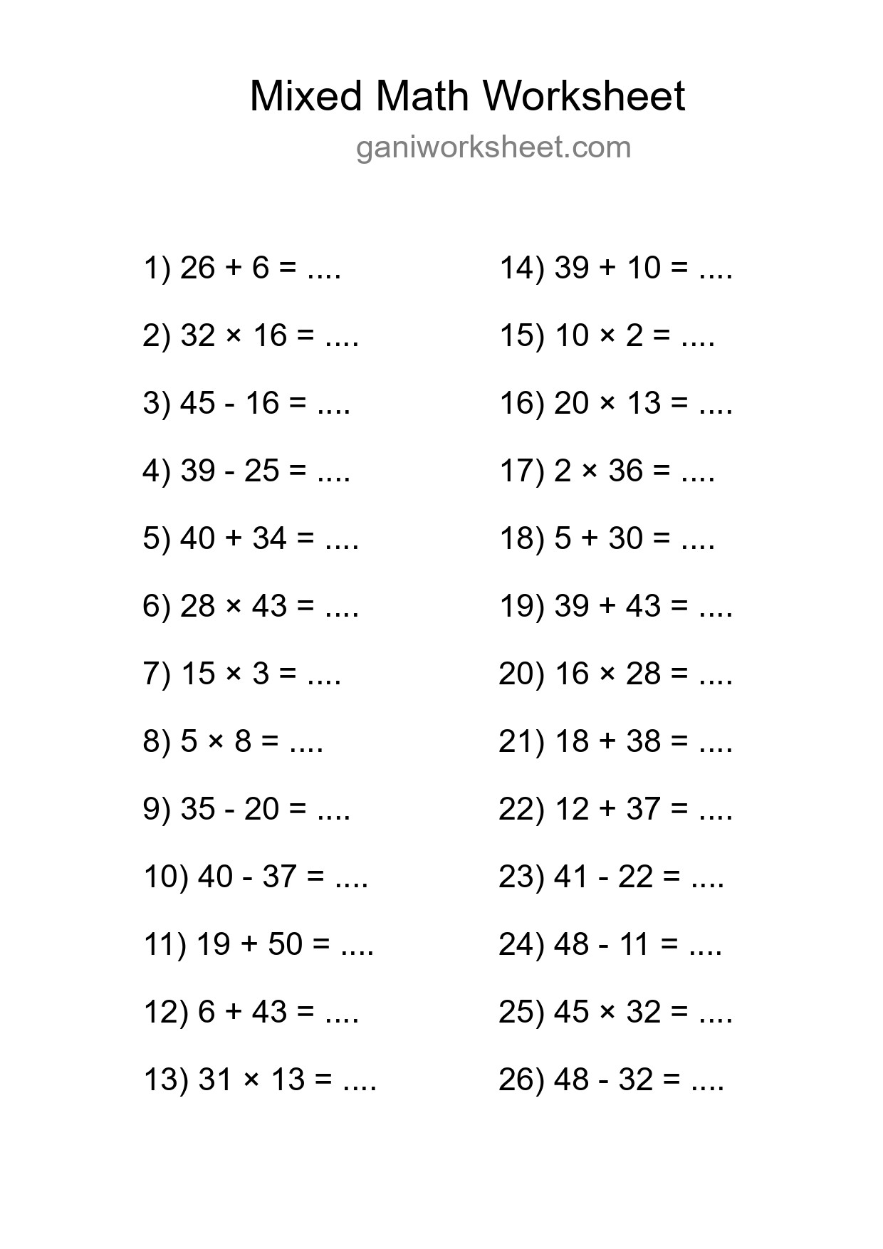 Printable Mixed Operations Worksheet for Grade 3