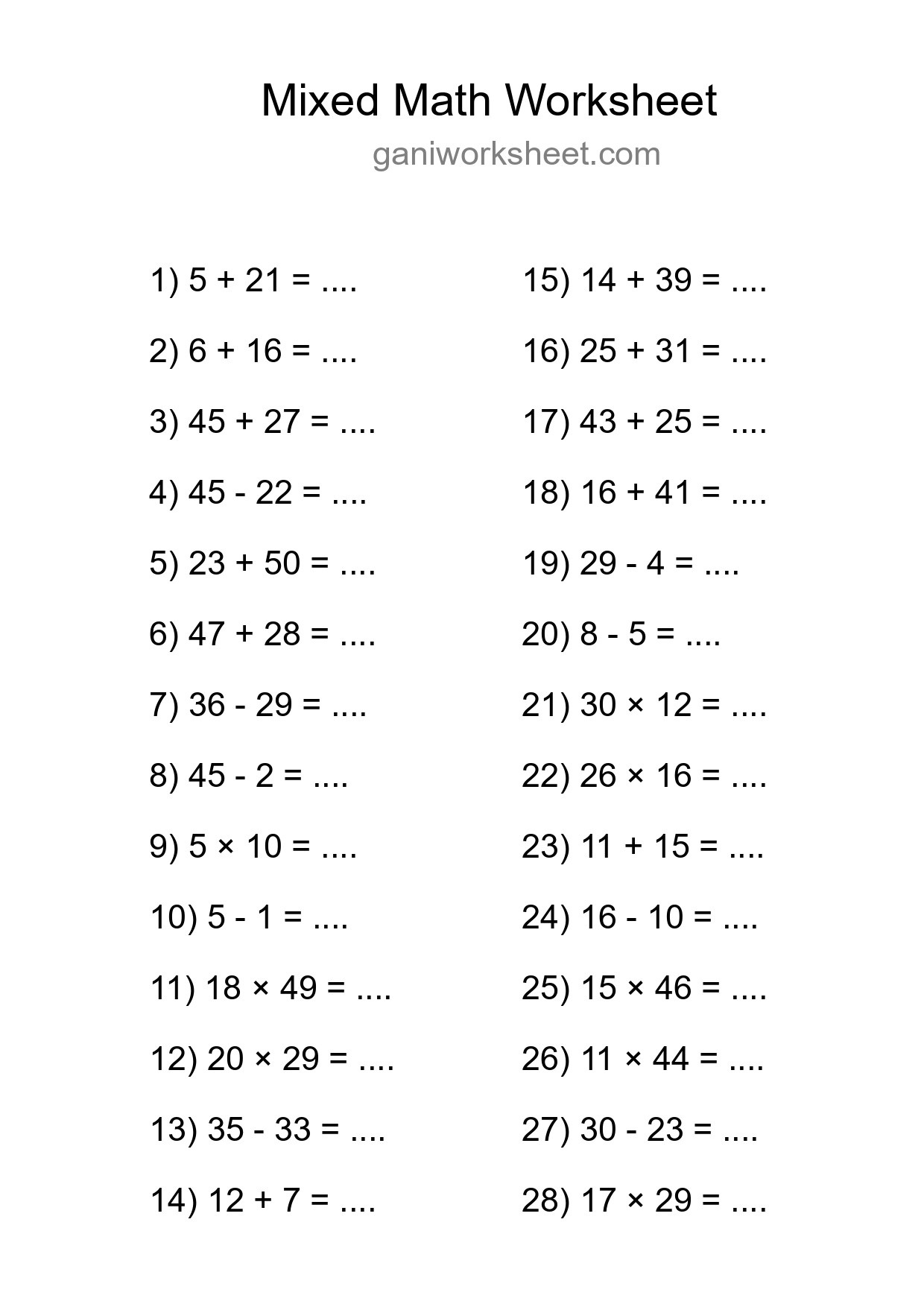 Printable Mixed Operations Worksheet for Grade 3