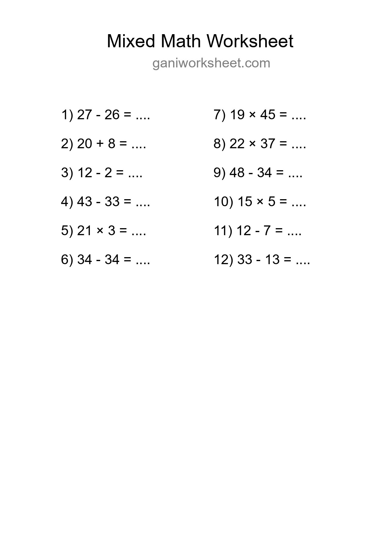 Printable Mixed Operations Worksheet for Grade 3