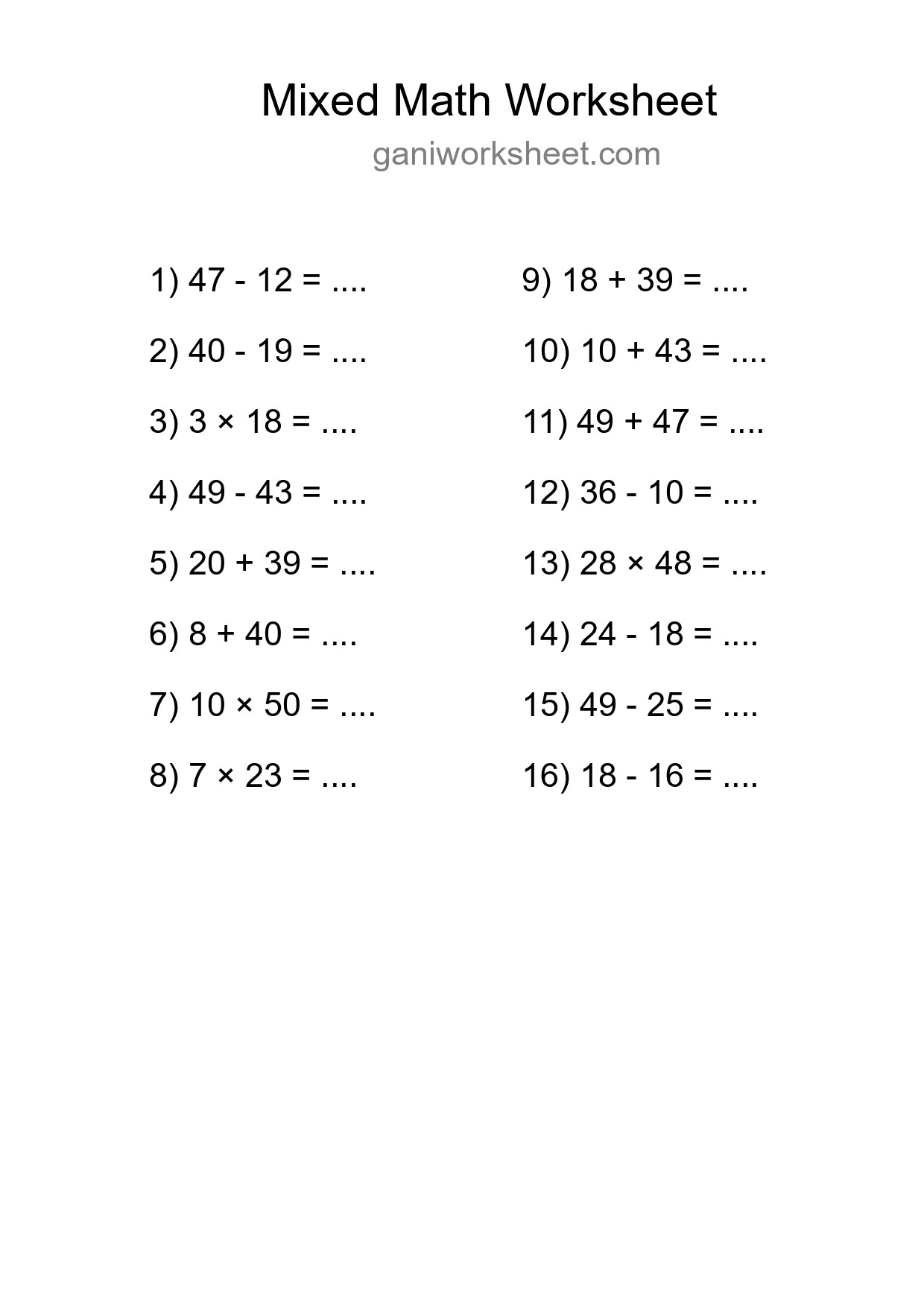 Printable Mixed Operations Worksheet for Grade 3