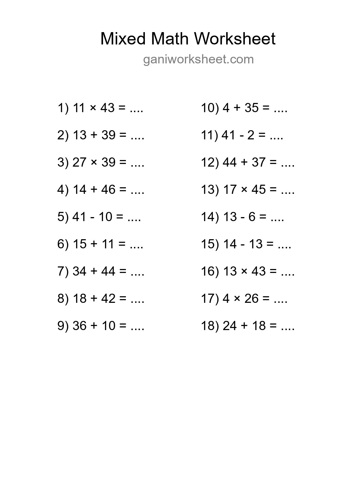 Printable Mixed Operations Worksheet for Grade 3