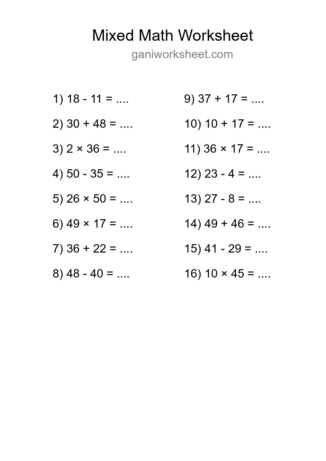 Printable Mixed Operations Worksheet for Grade 3