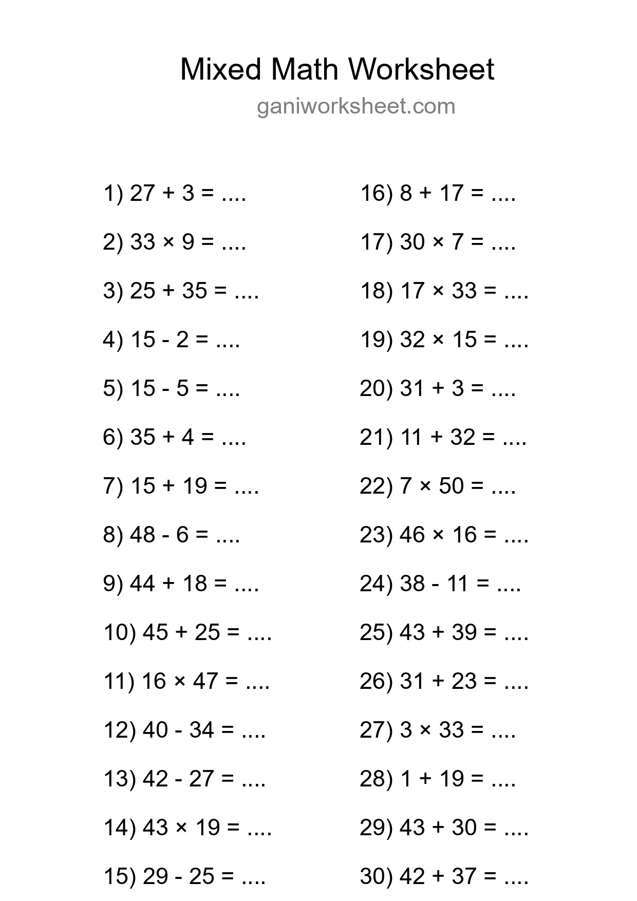 Printable Mixed Operations Worksheet for Grade 3