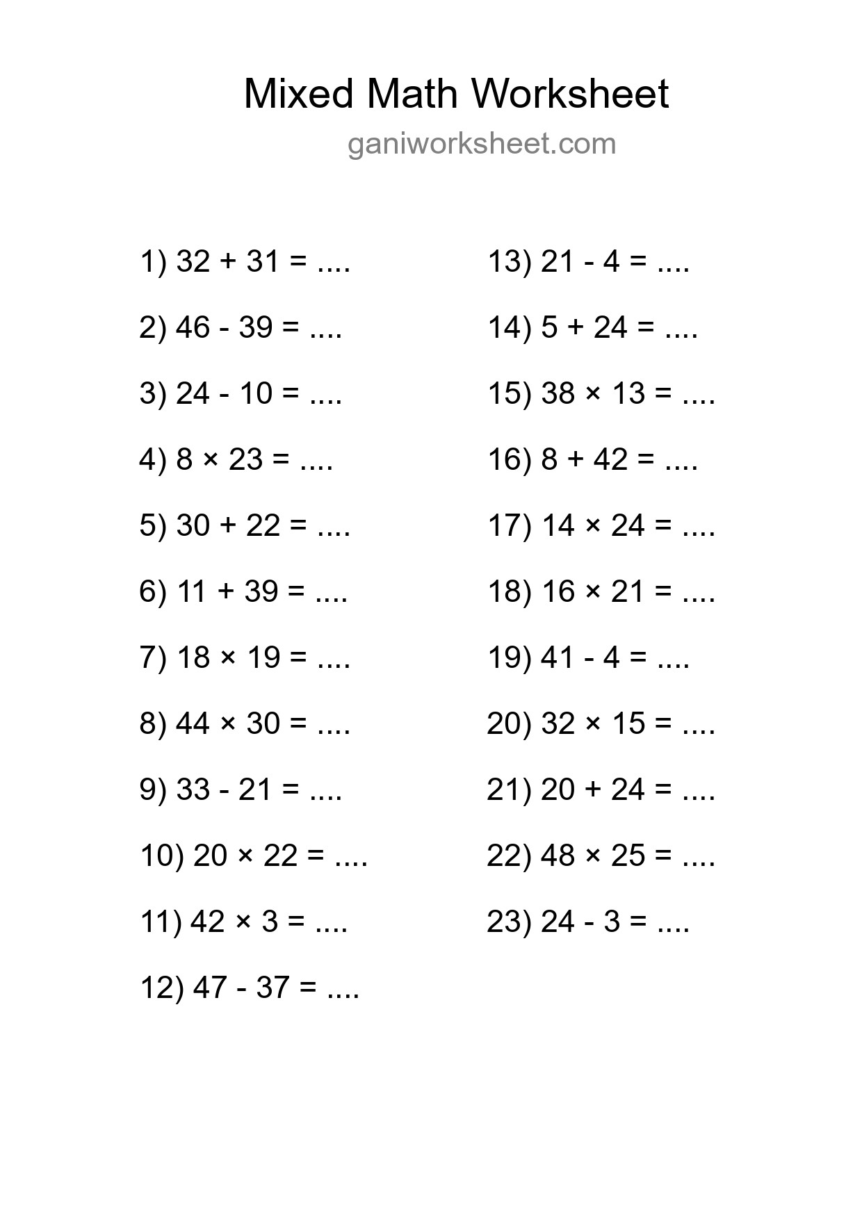 Printable Mixed Operations Worksheet for Grade 3