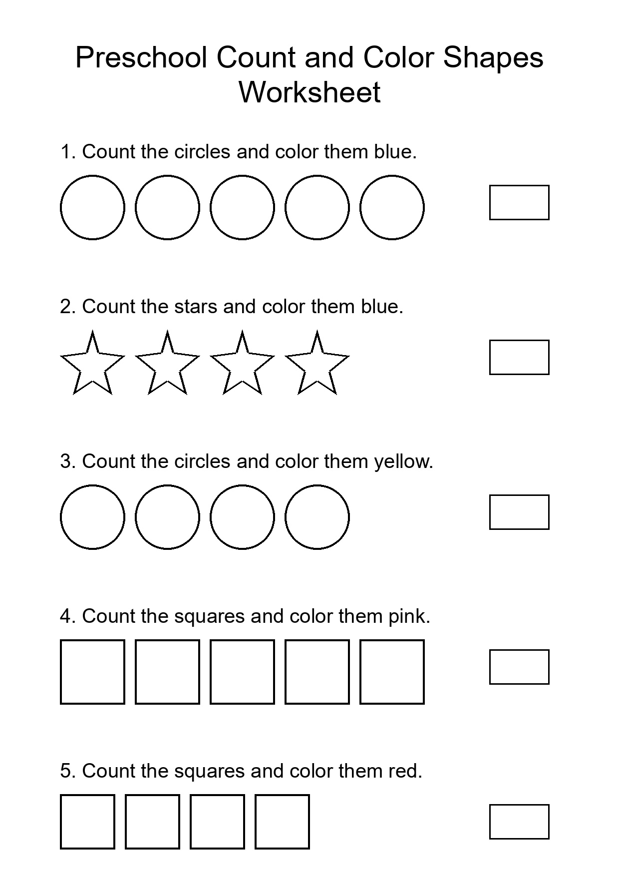 Preschool Count and Color Shapes Worksheet