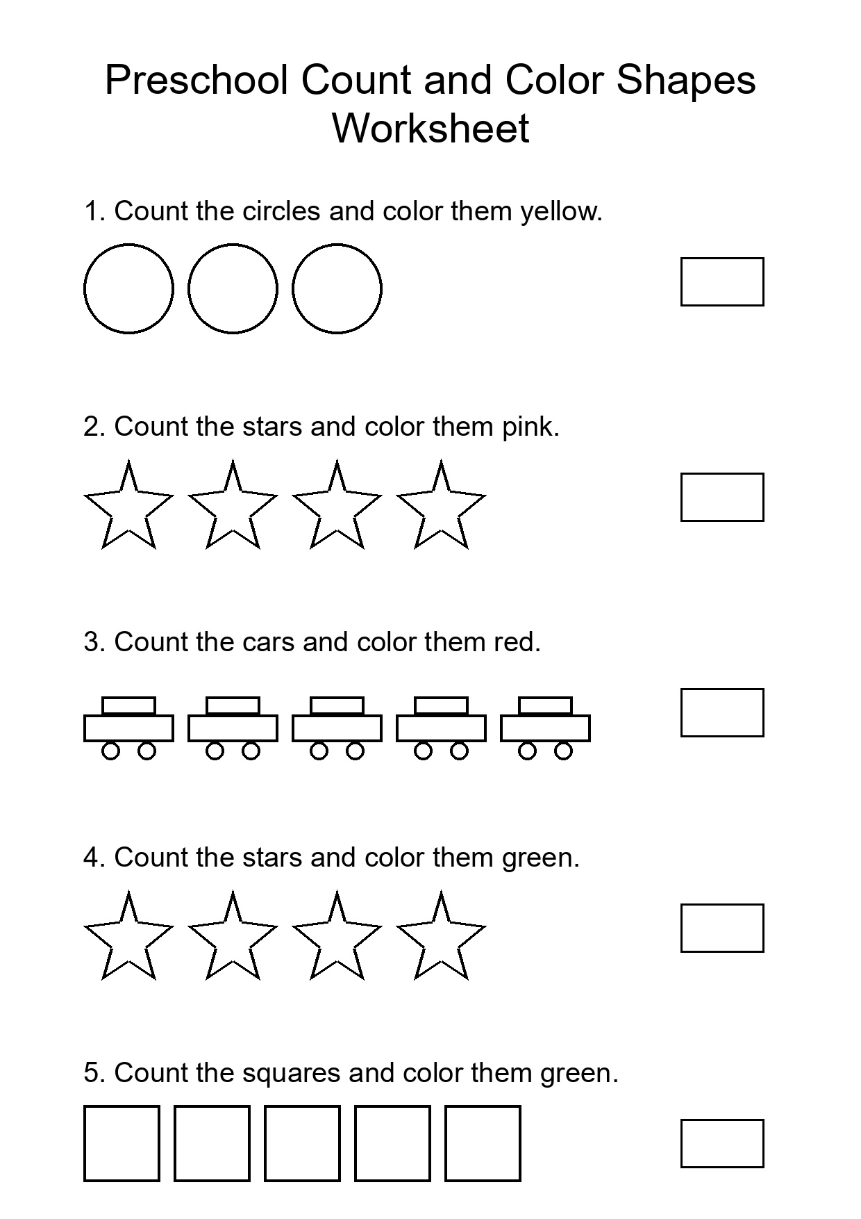 Preschool Count and Color Shapes Worksheet