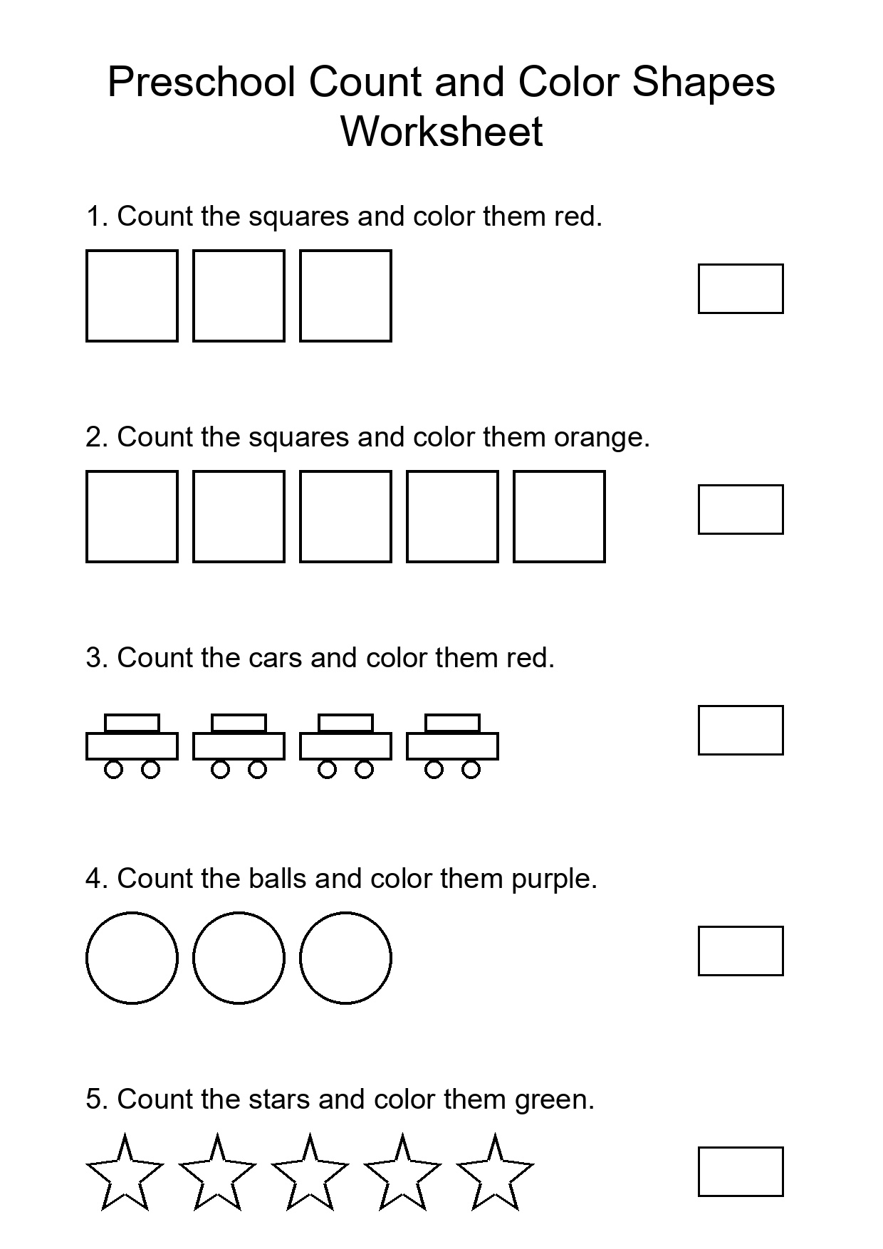 Preschool Count and Color Shapes Worksheet