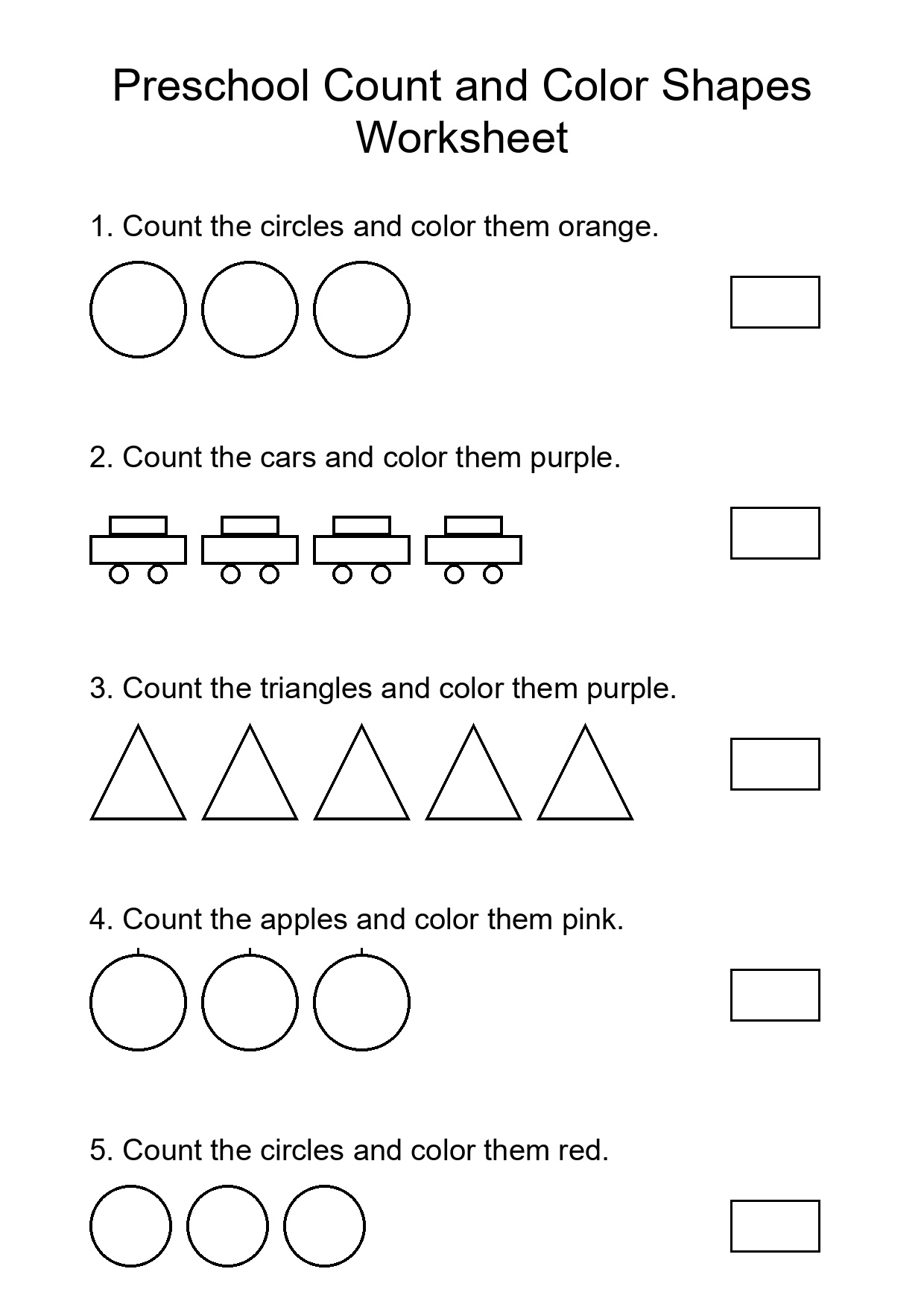 Preschool Count and Color Shapes Worksheet