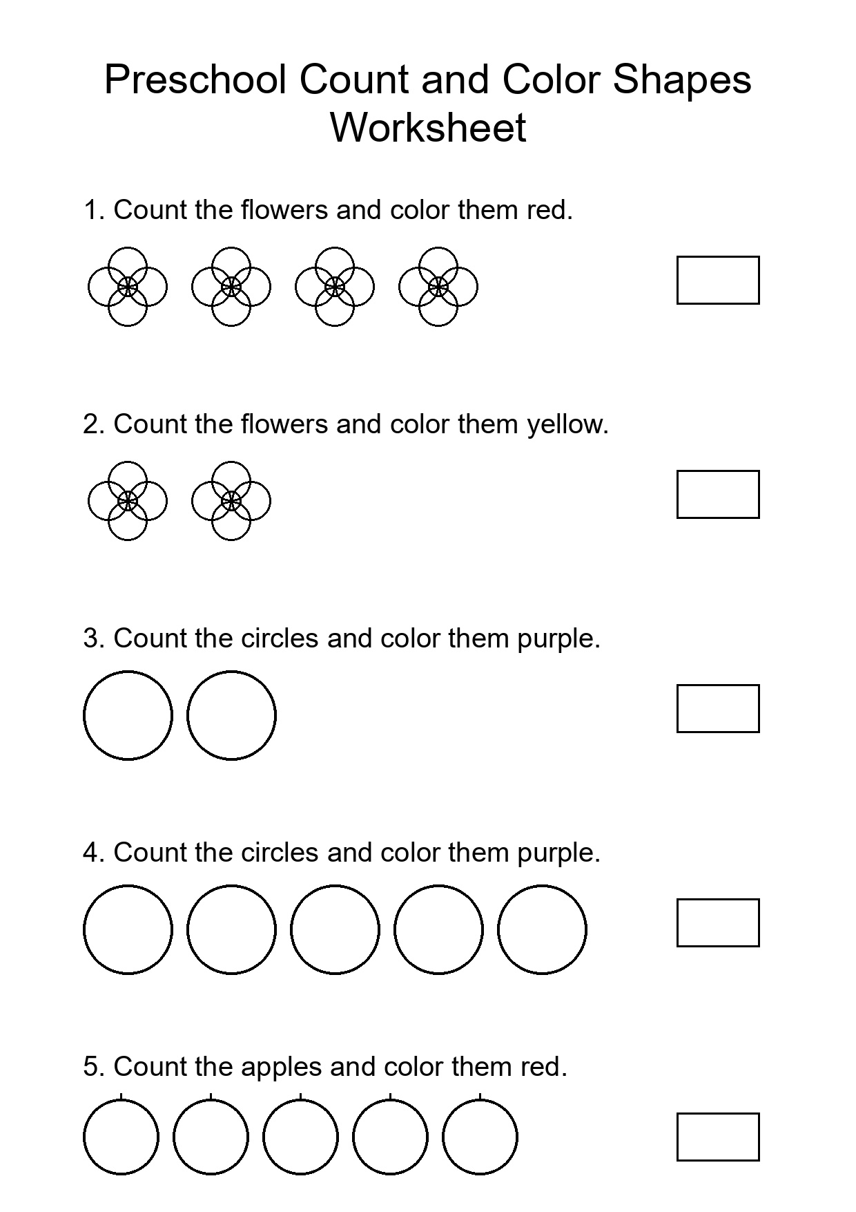 Preschool Count and Color Shapes Worksheet