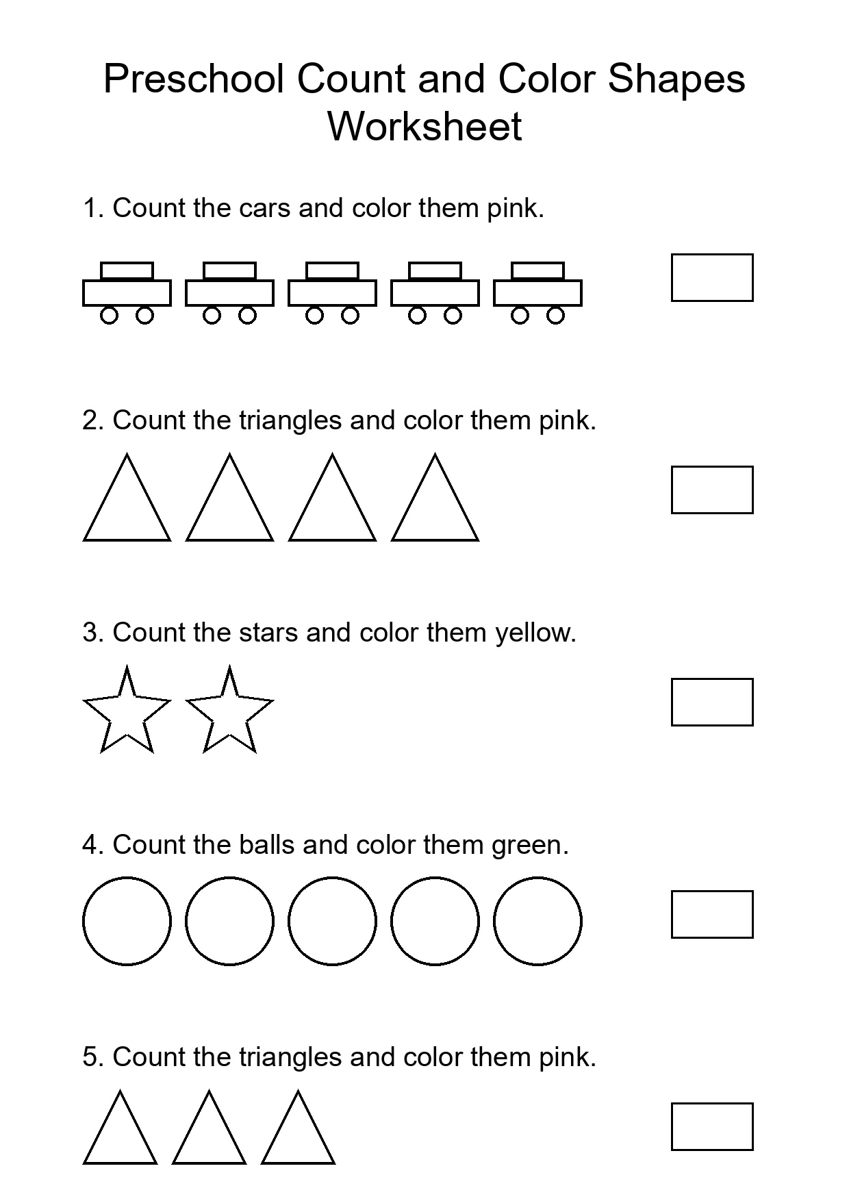 Preschool Count and Color Shapes Worksheet