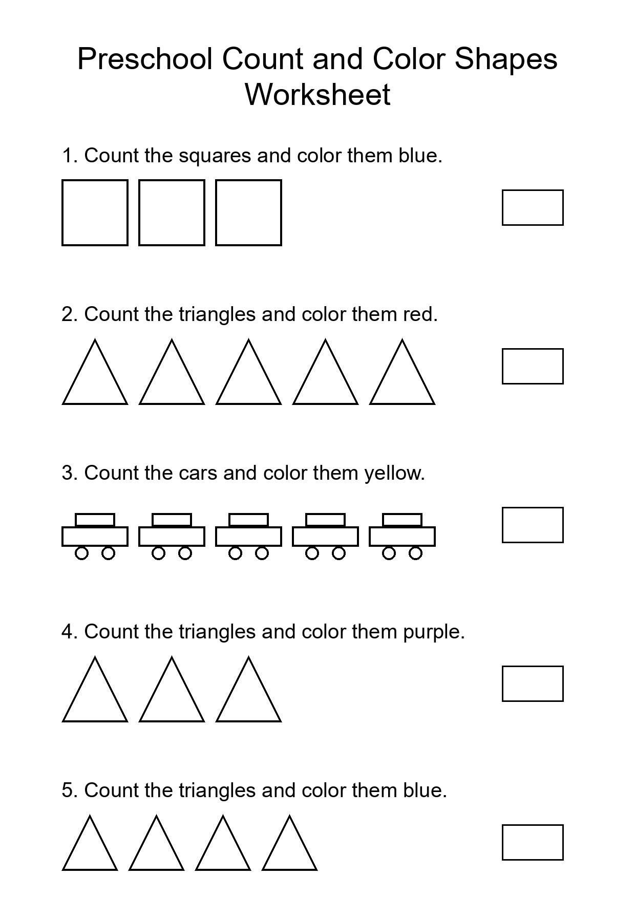 Preschool Count and Color Shapes Worksheet