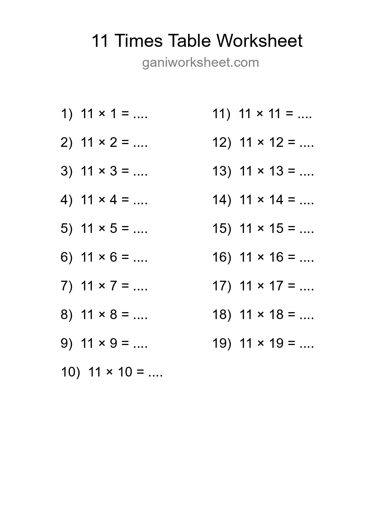 Printable 11 Times Table Worksheet For Grade 4 - Part 1189