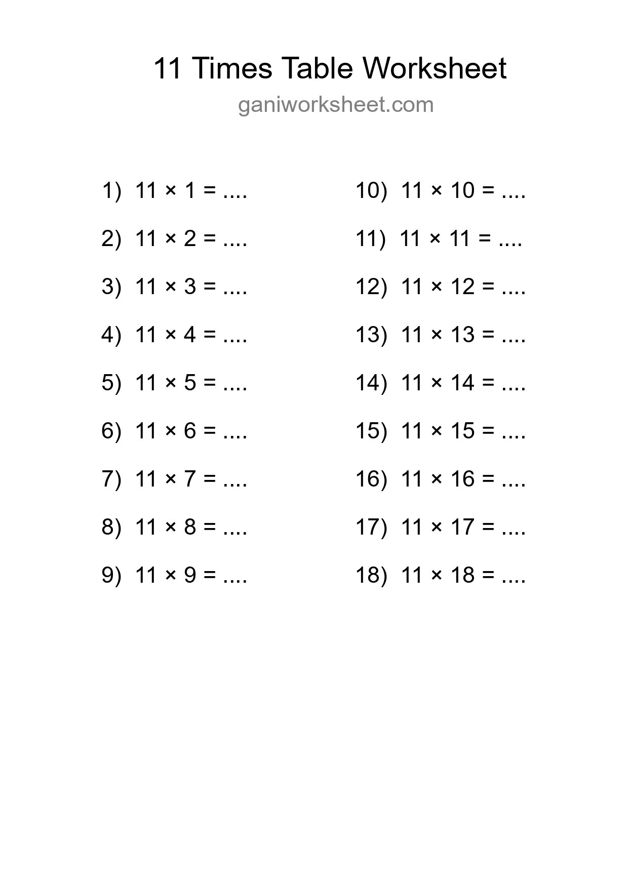 Printable 11 Times Table Worksheet For Grade 4 - Part 1919