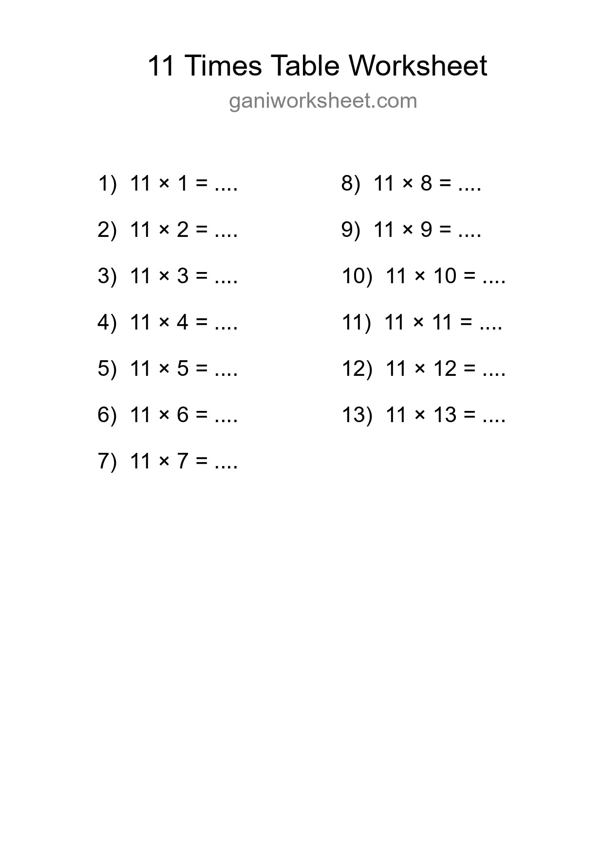 Printable 11 Times Table Worksheet For Grade 4 - Part 509