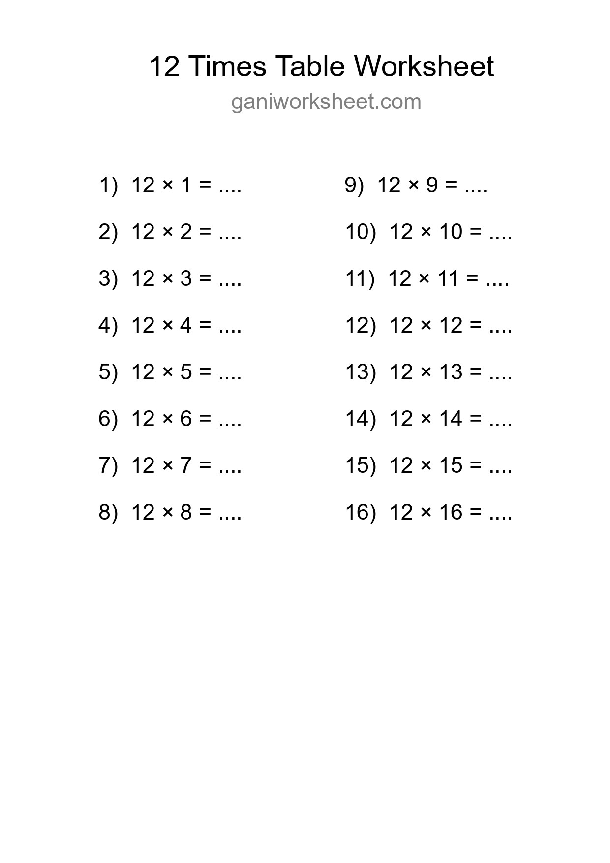 Printable 12 Times Table Worksheet For Grade 4 - Part 1959