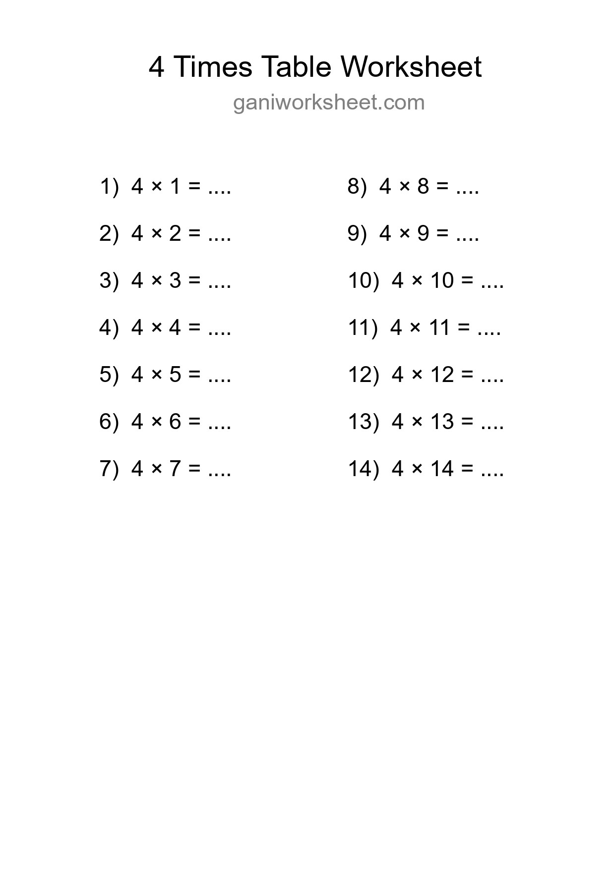 Printable 4 Times Table Worksheet For Grade 2 - Part 1089