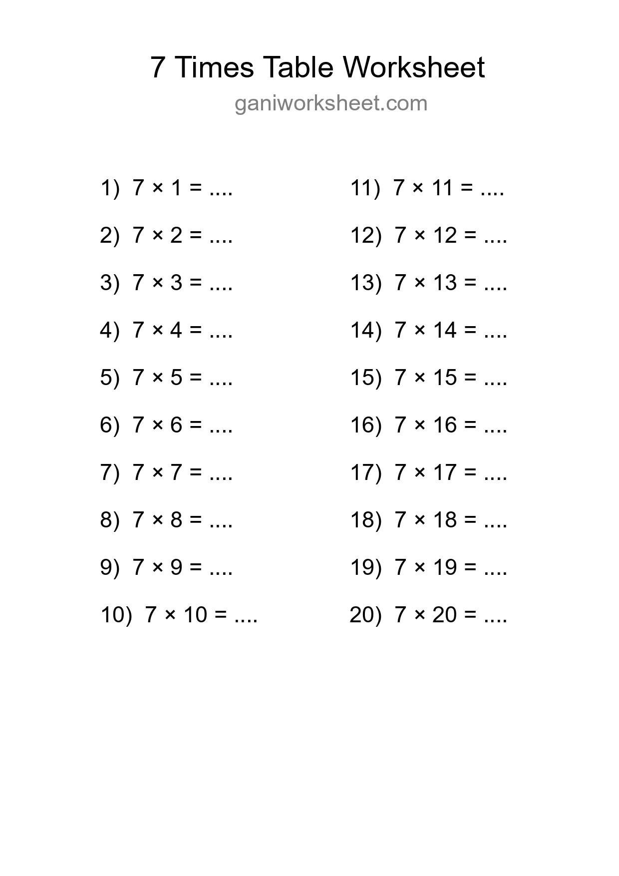 Printable 7 Times Table Worksheet For Grade 3 - Part 989