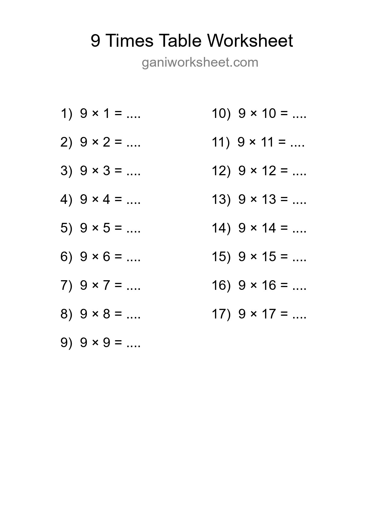 Printable 9 Times Table Worksheet For Grade 3 - Part 1229