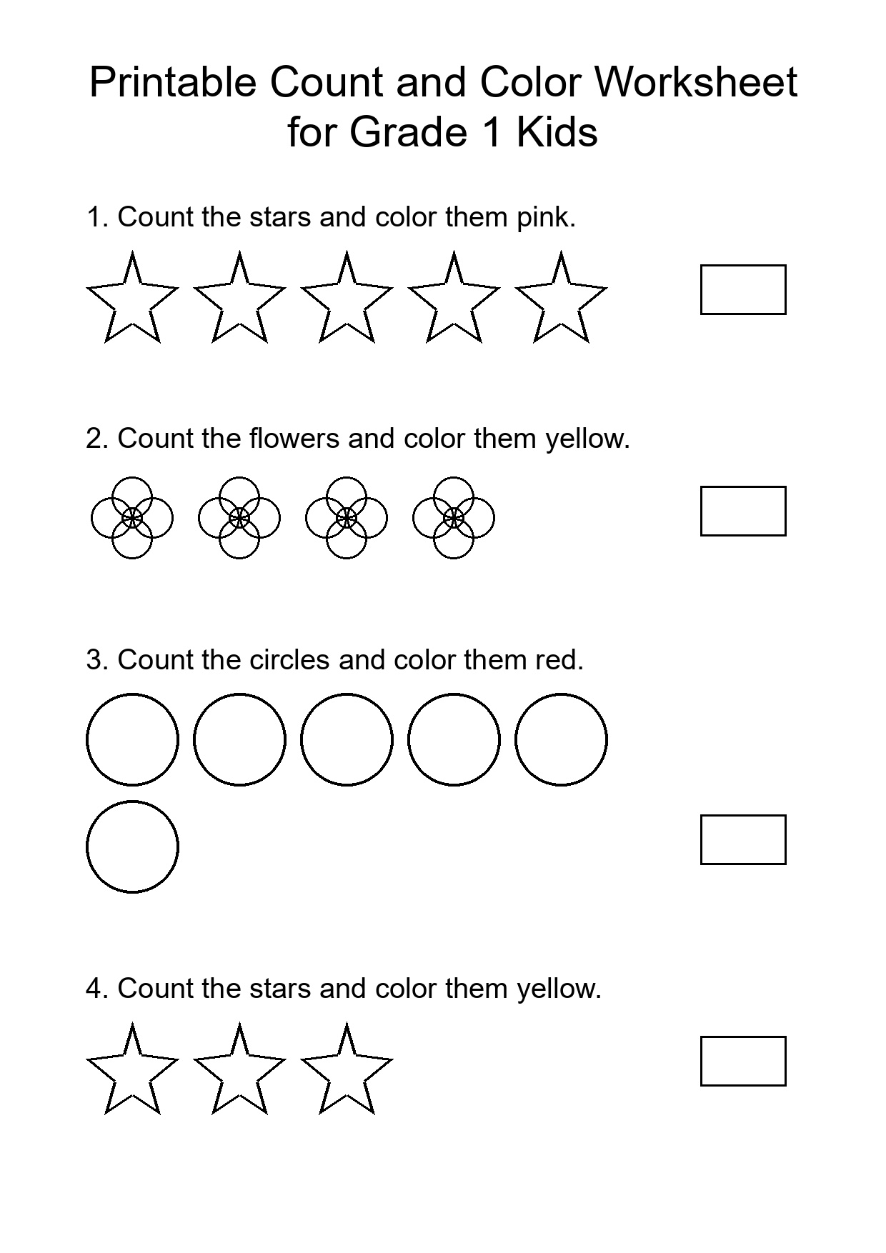 Printable Count and Color Worksheet for Grade 1 Kids