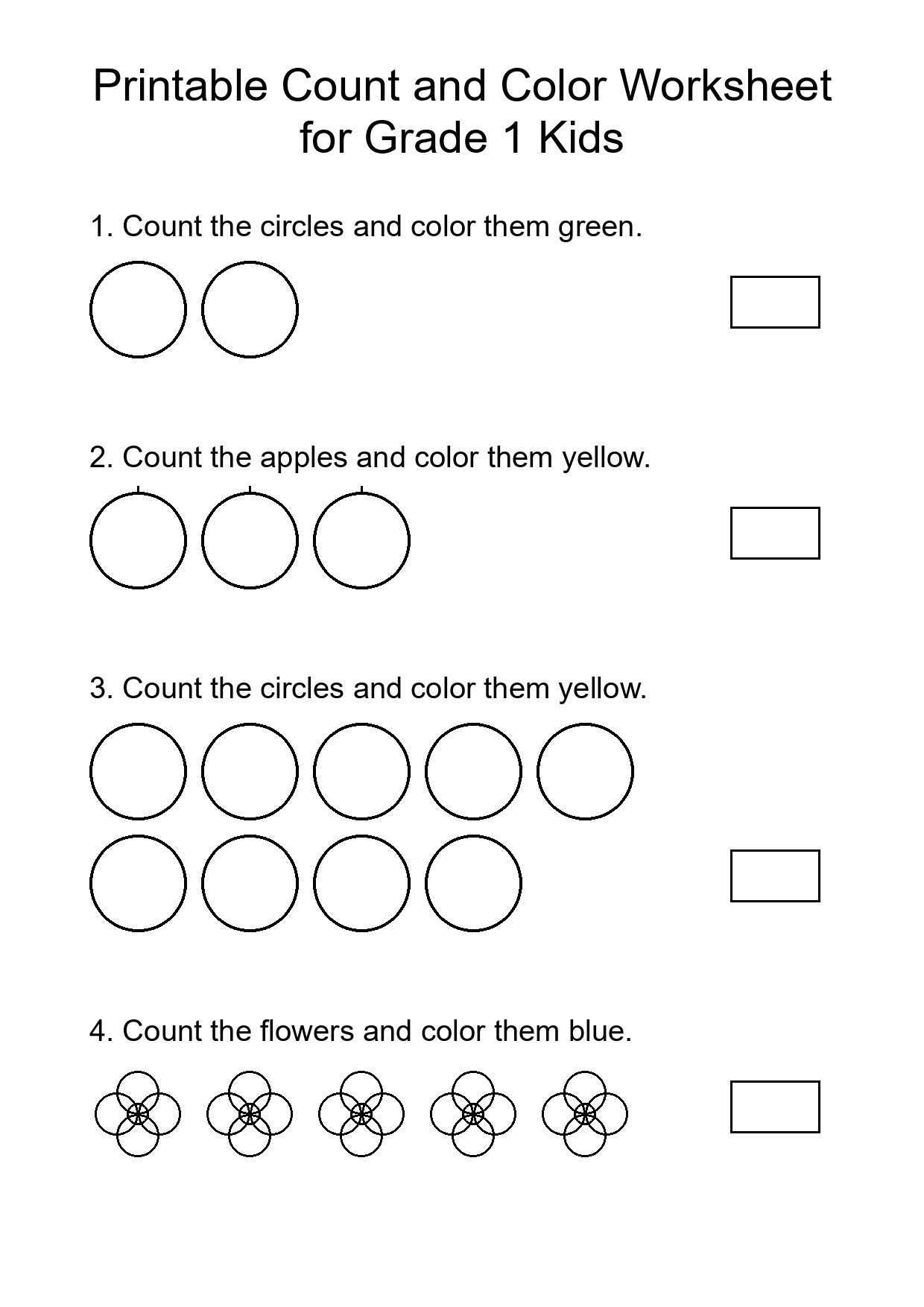 Printable Count and Color Worksheet for Grade 1 Kids