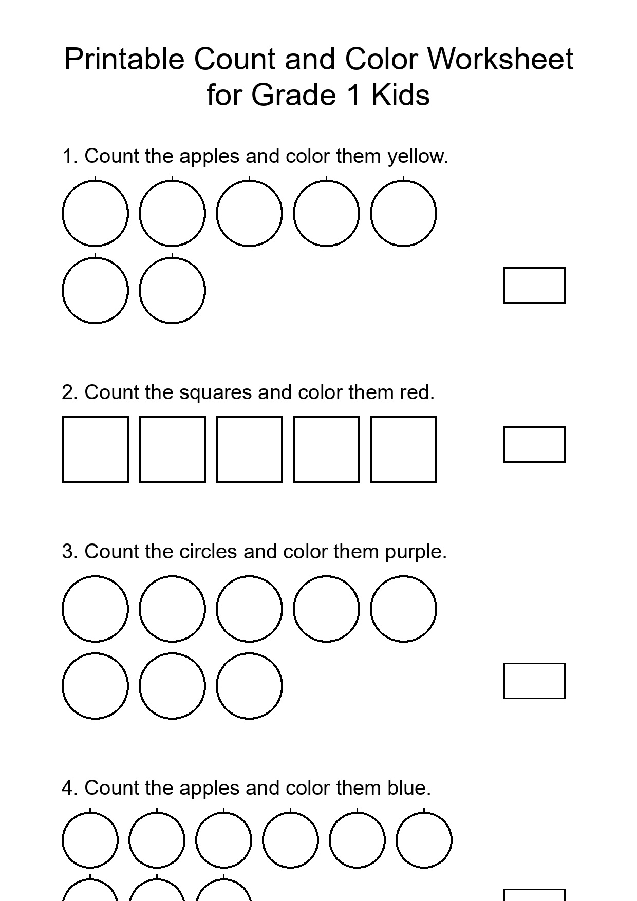 Printable Count and Color Worksheet for Grade 1 Kids