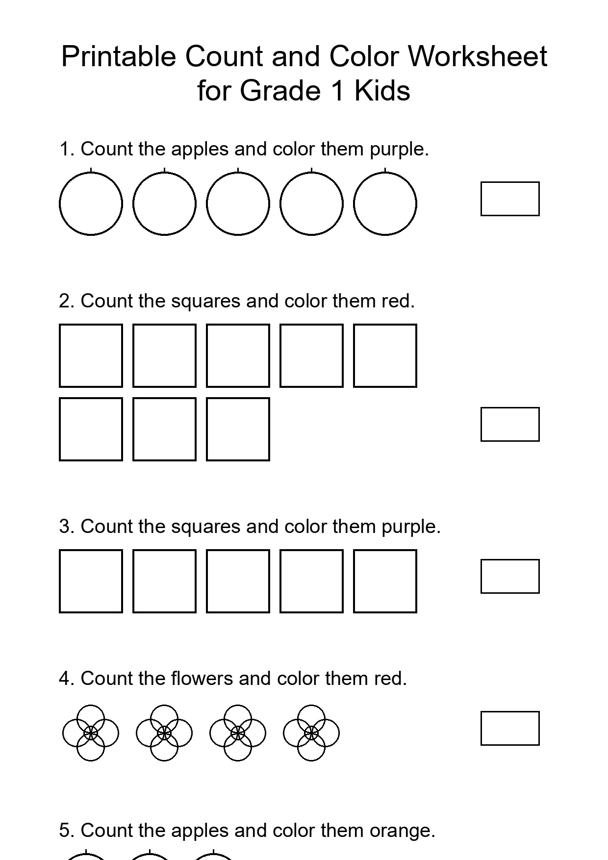 Printable Count and Color Worksheet for Grade 1 Kids
