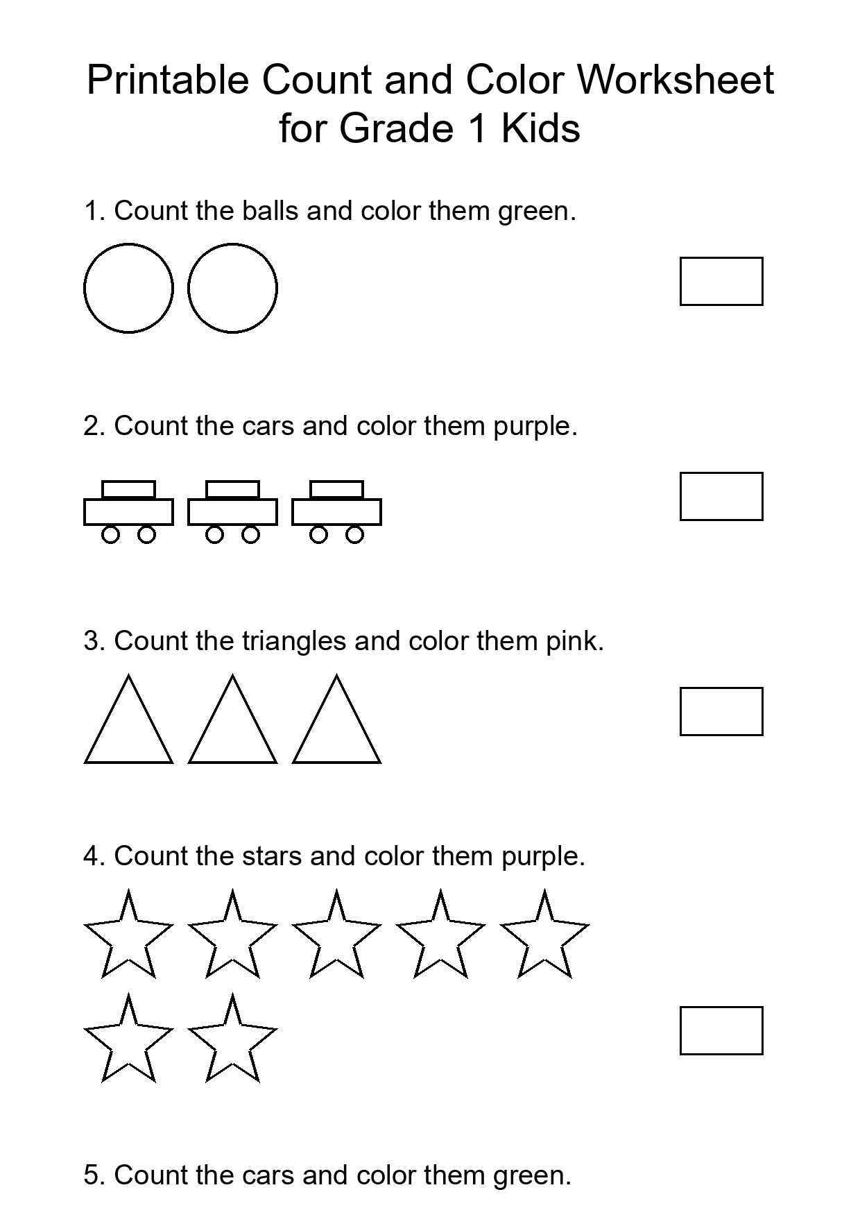 Printable Count and Color Worksheet for Grade 1 Kids