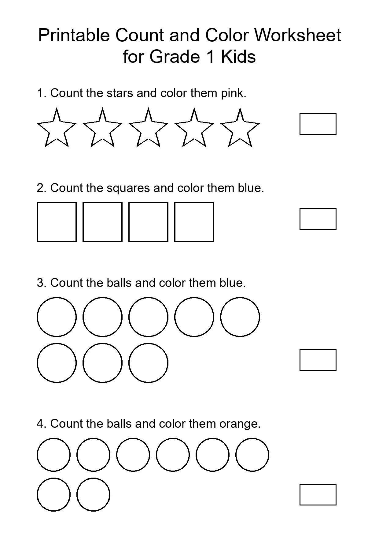 Printable Count and Color Worksheet for Grade 1 Kids