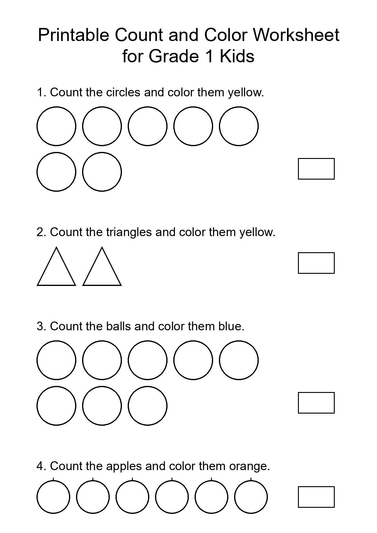 Printable Count and Color Worksheet for Grade 1 Kids